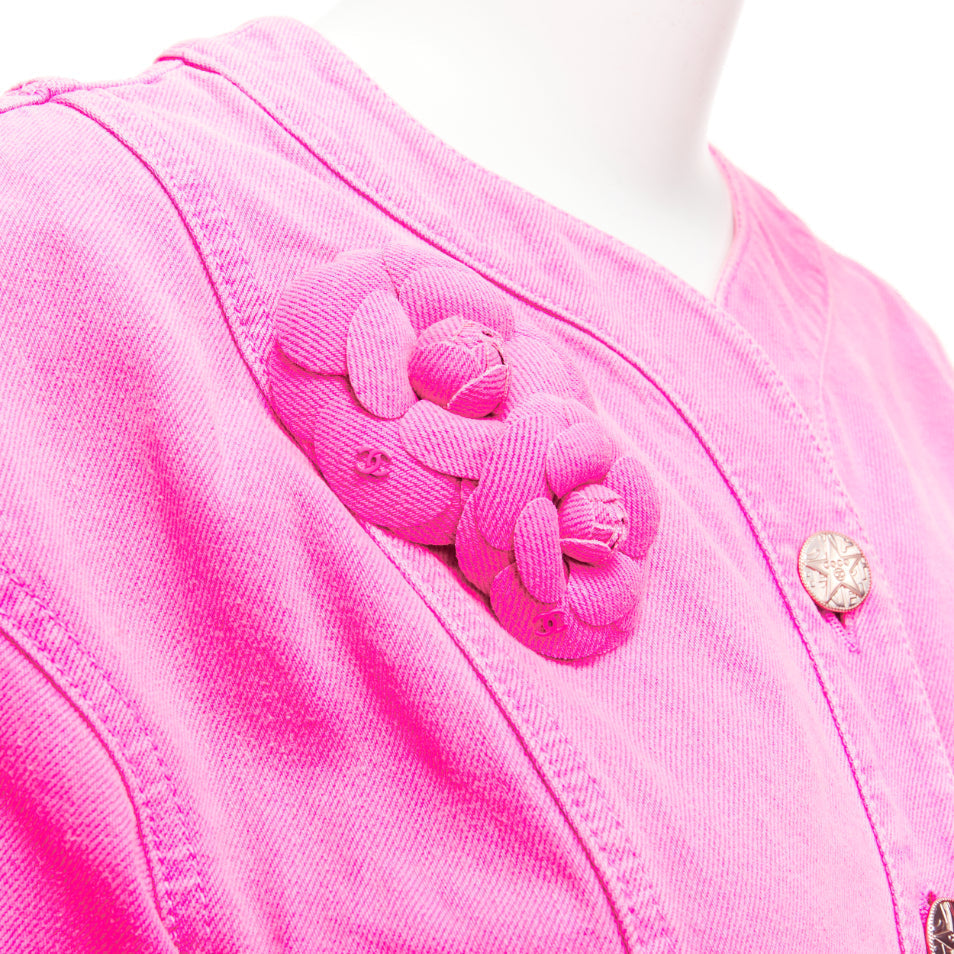 Women's Chanel Neon Pink Cotton Denim CC Logo Camellia Embellished Jacket