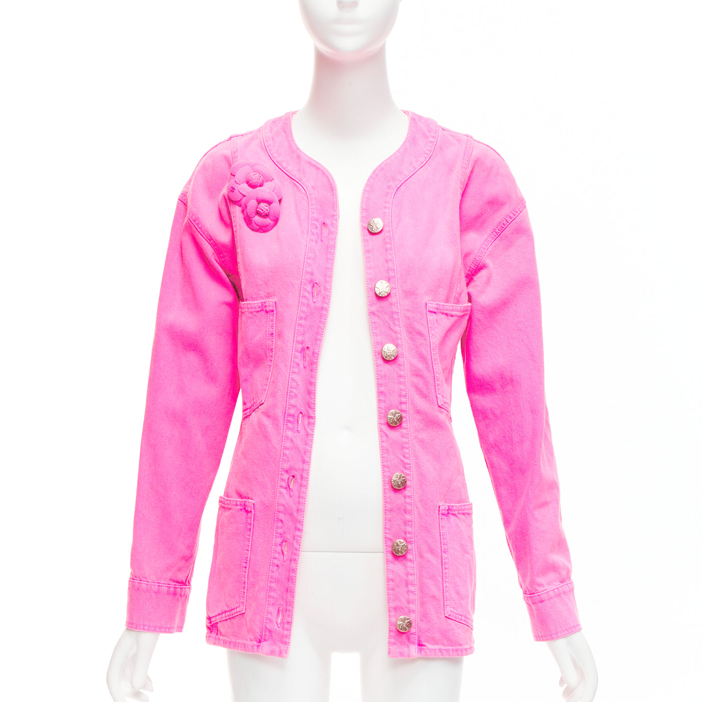 Women's Chanel Neon Pink Cotton Denim CC Logo Camellia Embellished Jacket
