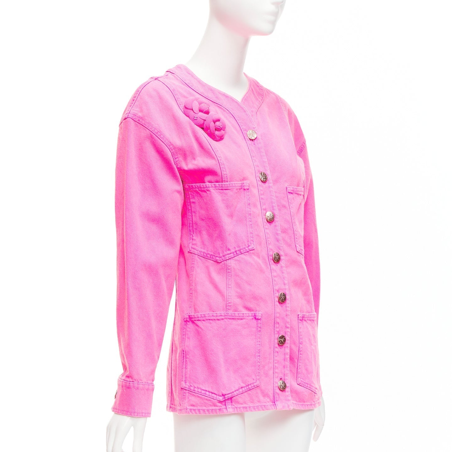 Women's Chanel Neon Pink Cotton Denim CC Logo Camellia Embellished Jacket