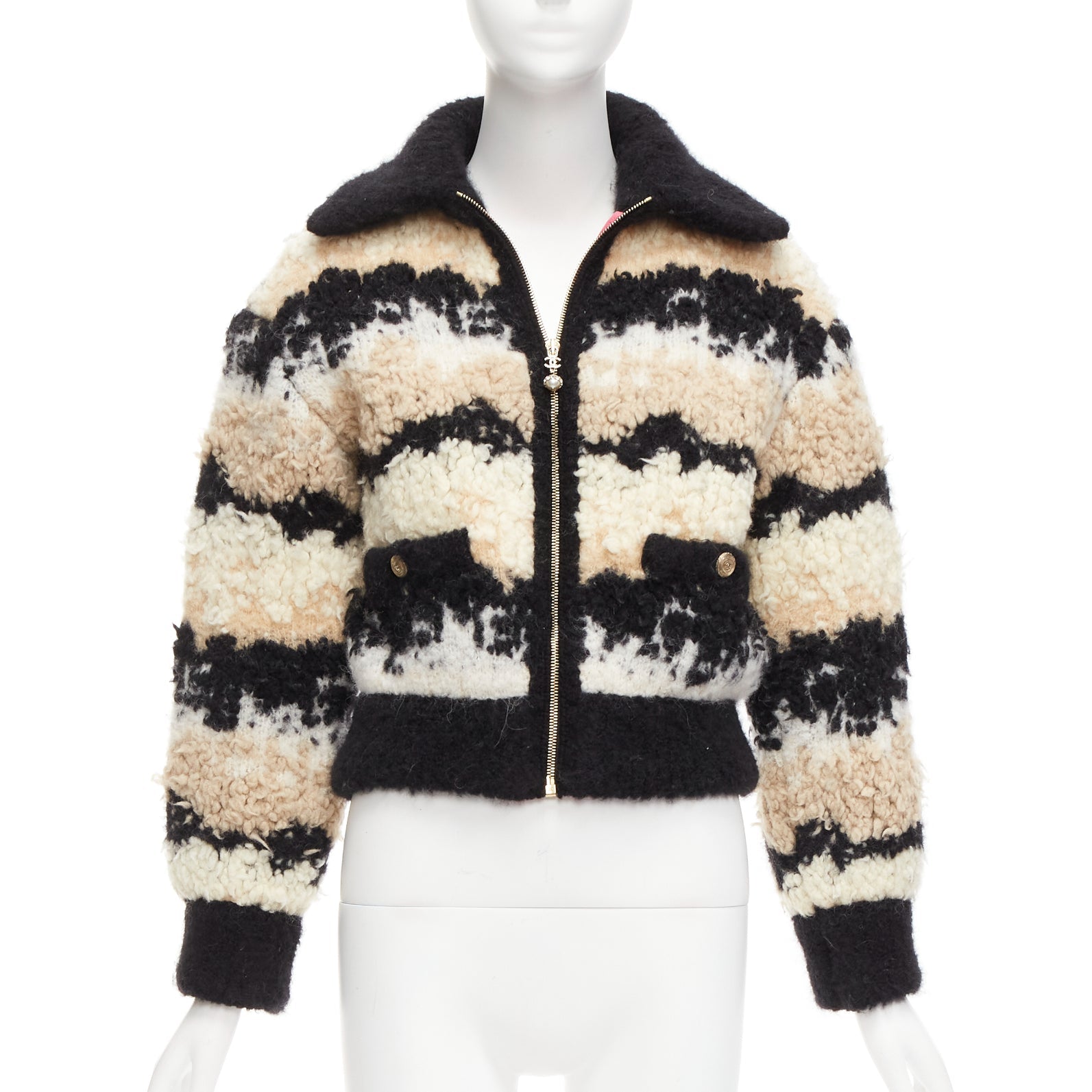 Women's Chanel Coco Neige CC Pearl Zip Wool Cashmere Cropped Bomber