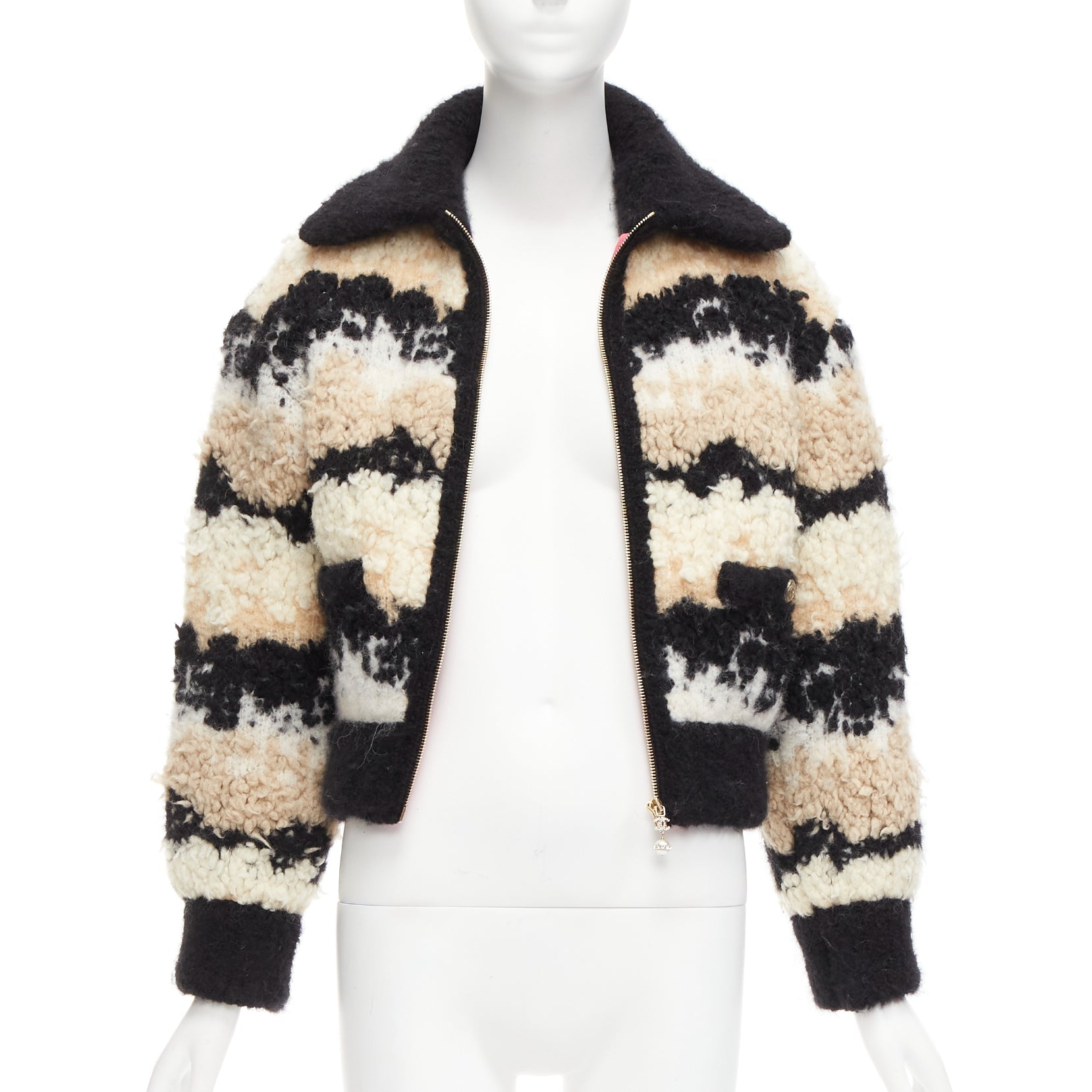 Women's Chanel Coco Neige CC Pearl Zip Wool Cashmere Cropped Bomber