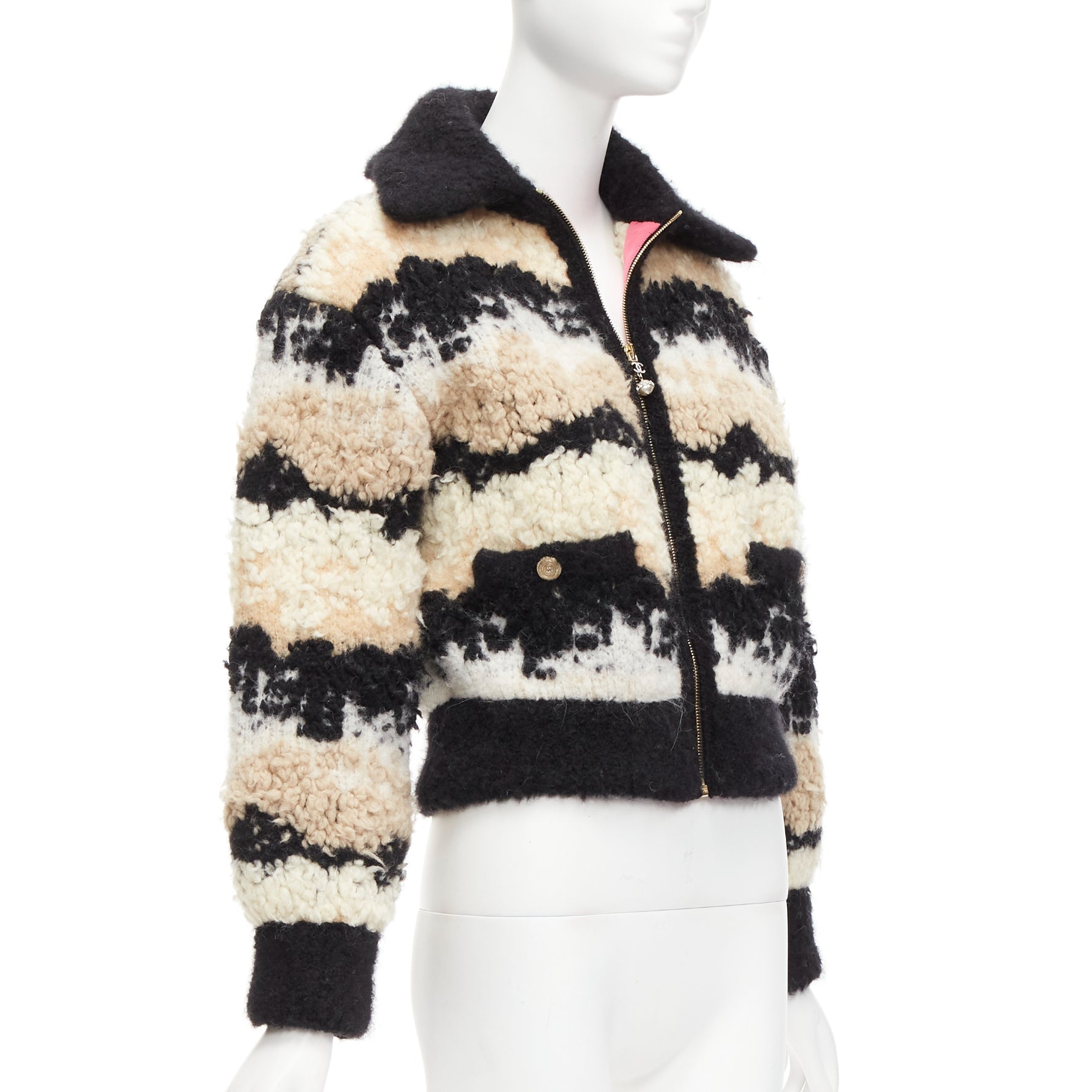 Women's Chanel Coco Neige CC Pearl Zip Wool Cashmere Cropped Bomber