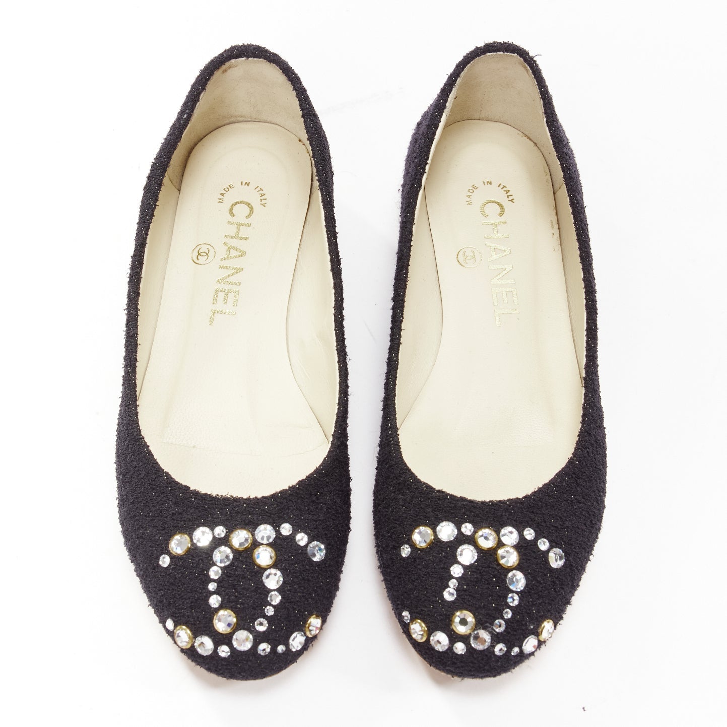 Women's Chanel Tweed Crystal CC Embellished Logo Round Toe Flat Shoes
