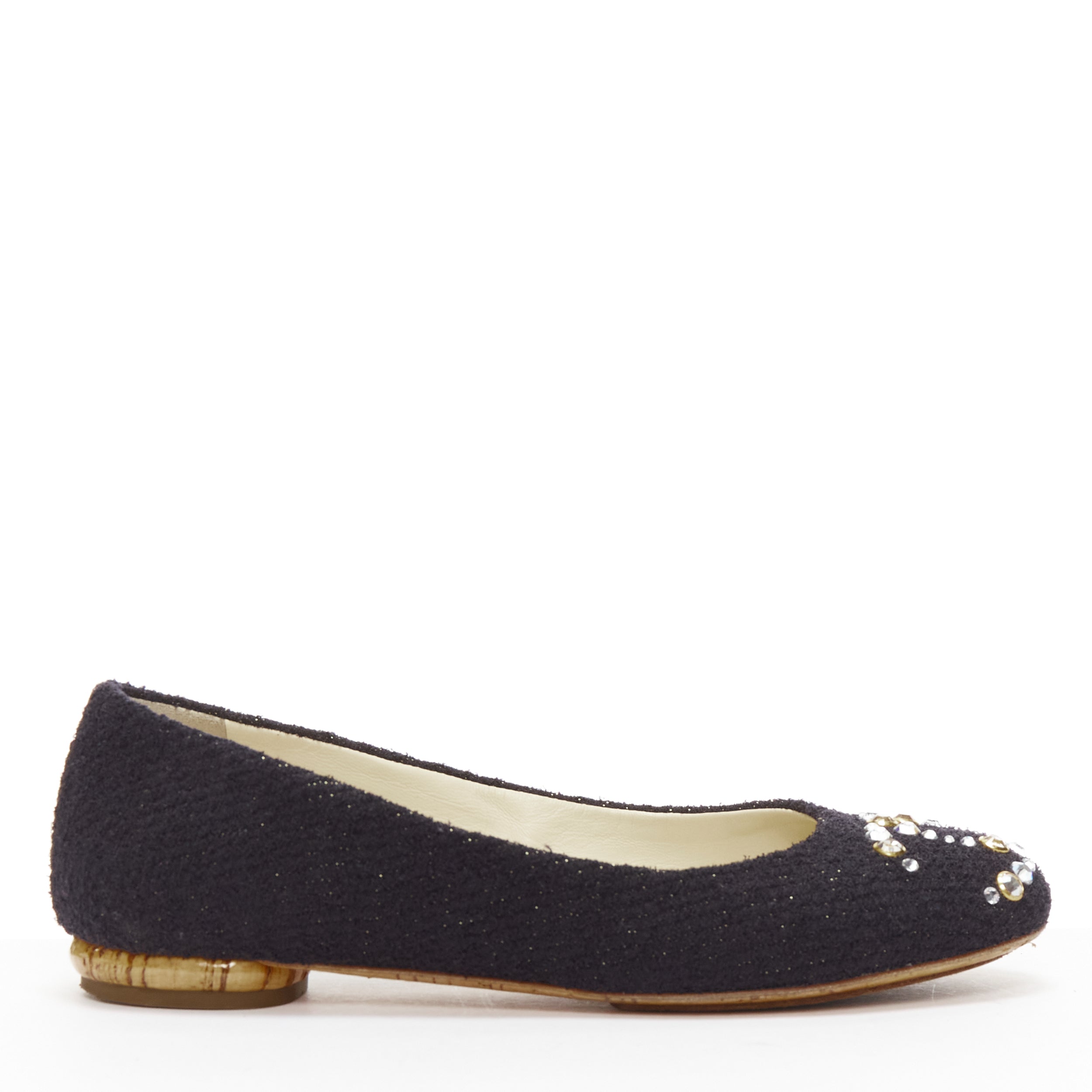 Women's Chanel Tweed Crystal CC Embellished Logo Round Toe Flat Shoes