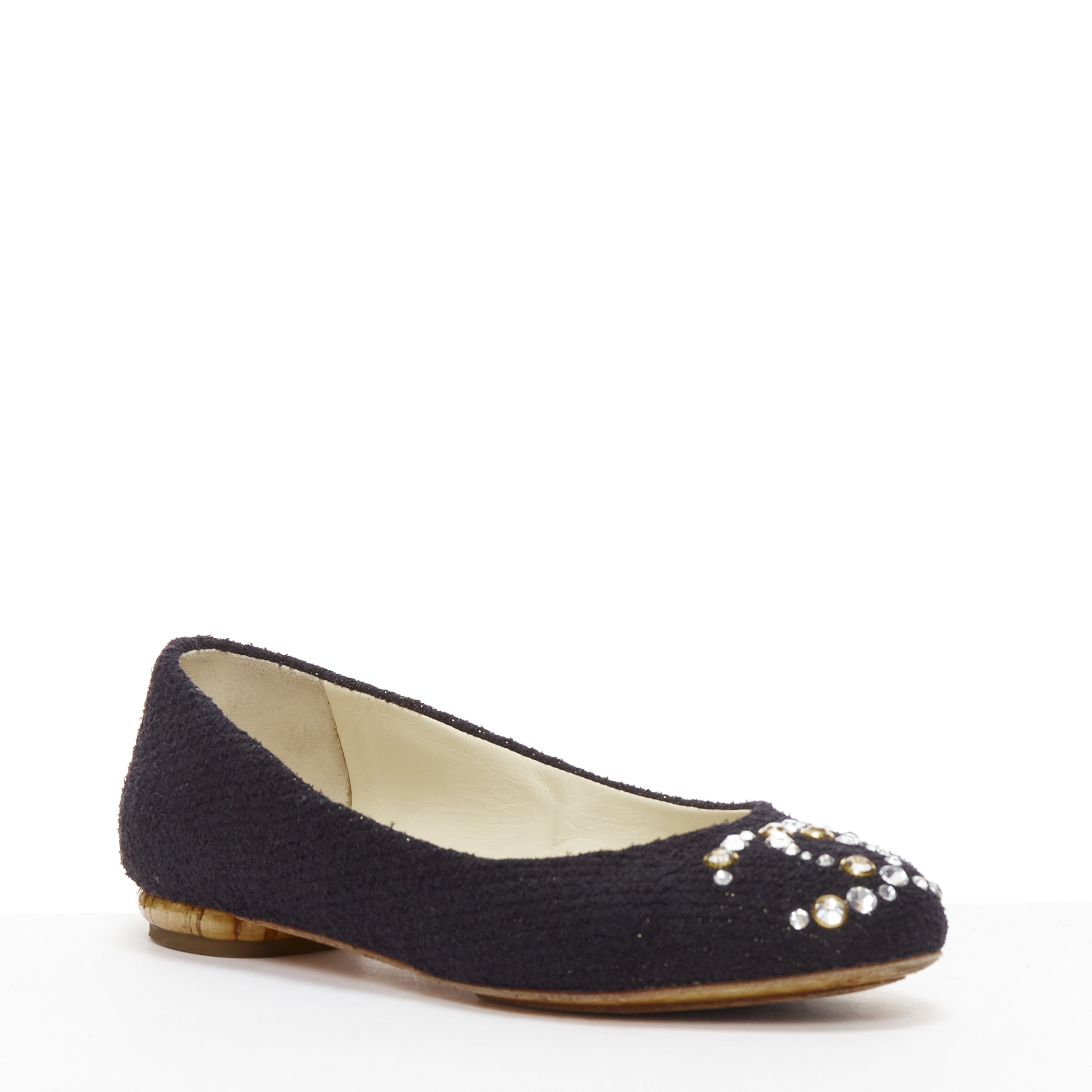 Women's Chanel Tweed Crystal CC Embellished Logo Round Toe Flat Shoes