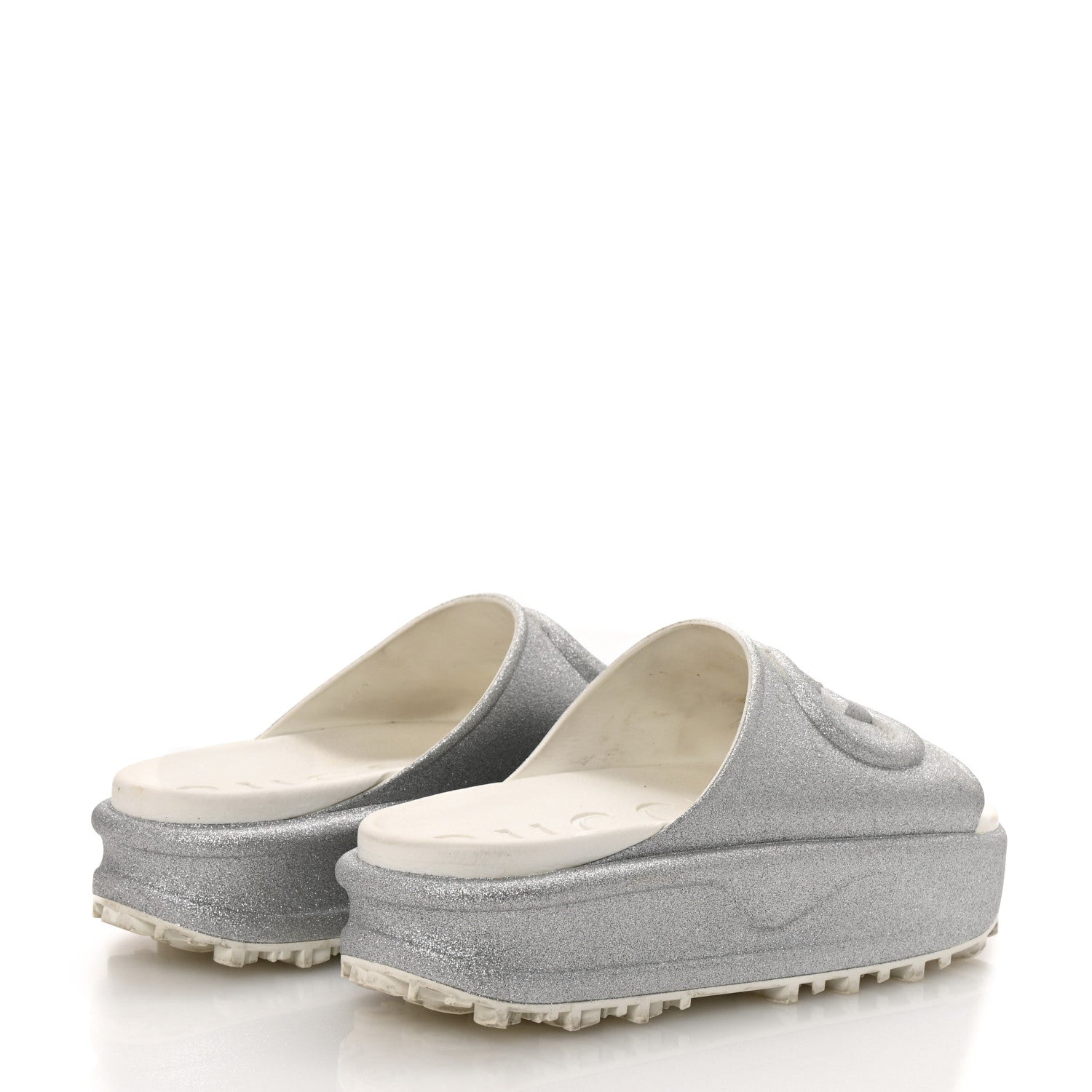 Glitter Rubber Womens Interlocking G Platform 42mm Slide Sandals 40 Silver