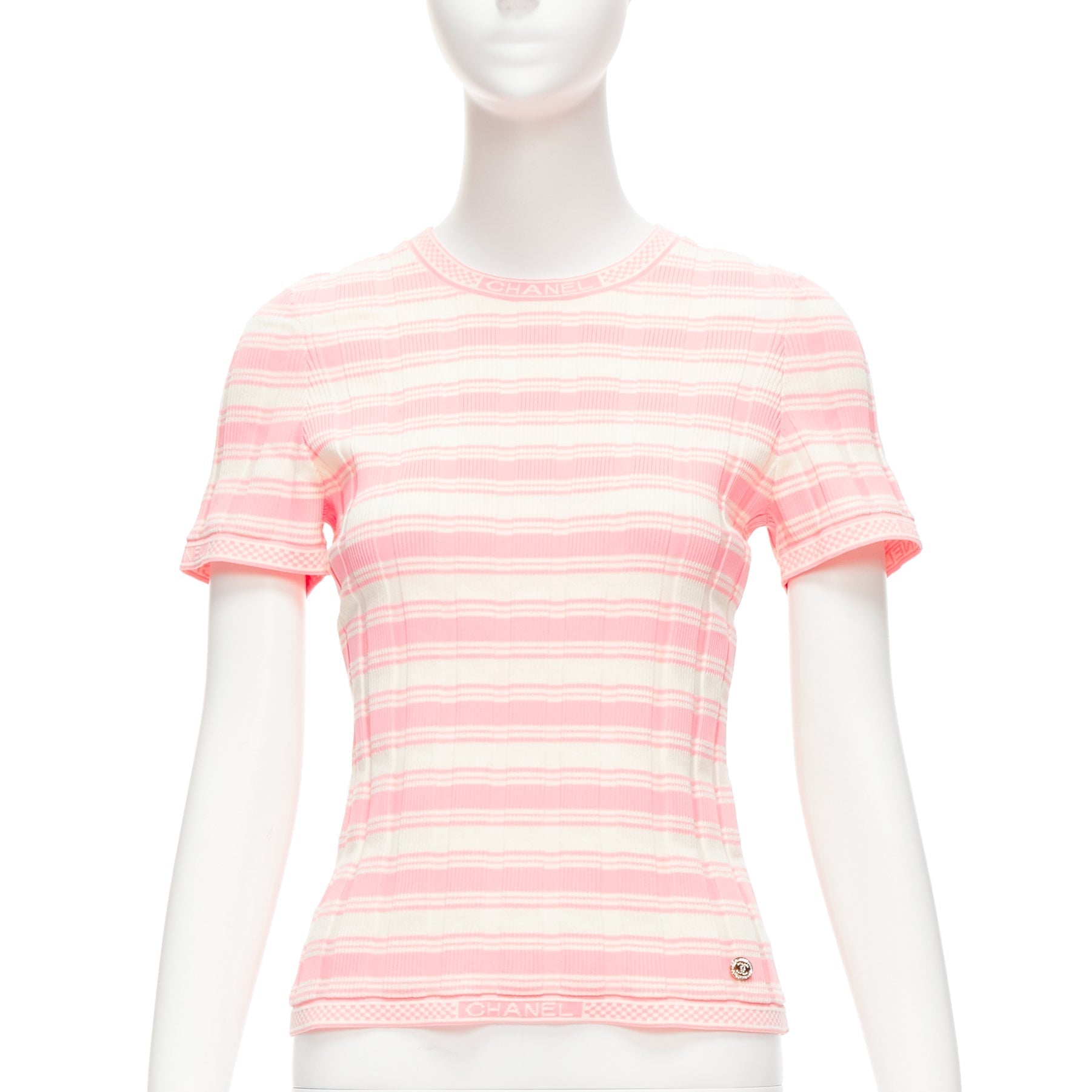 Women's Chanel Stripe Logo Charm Short Sleeve Ribbed Sweater