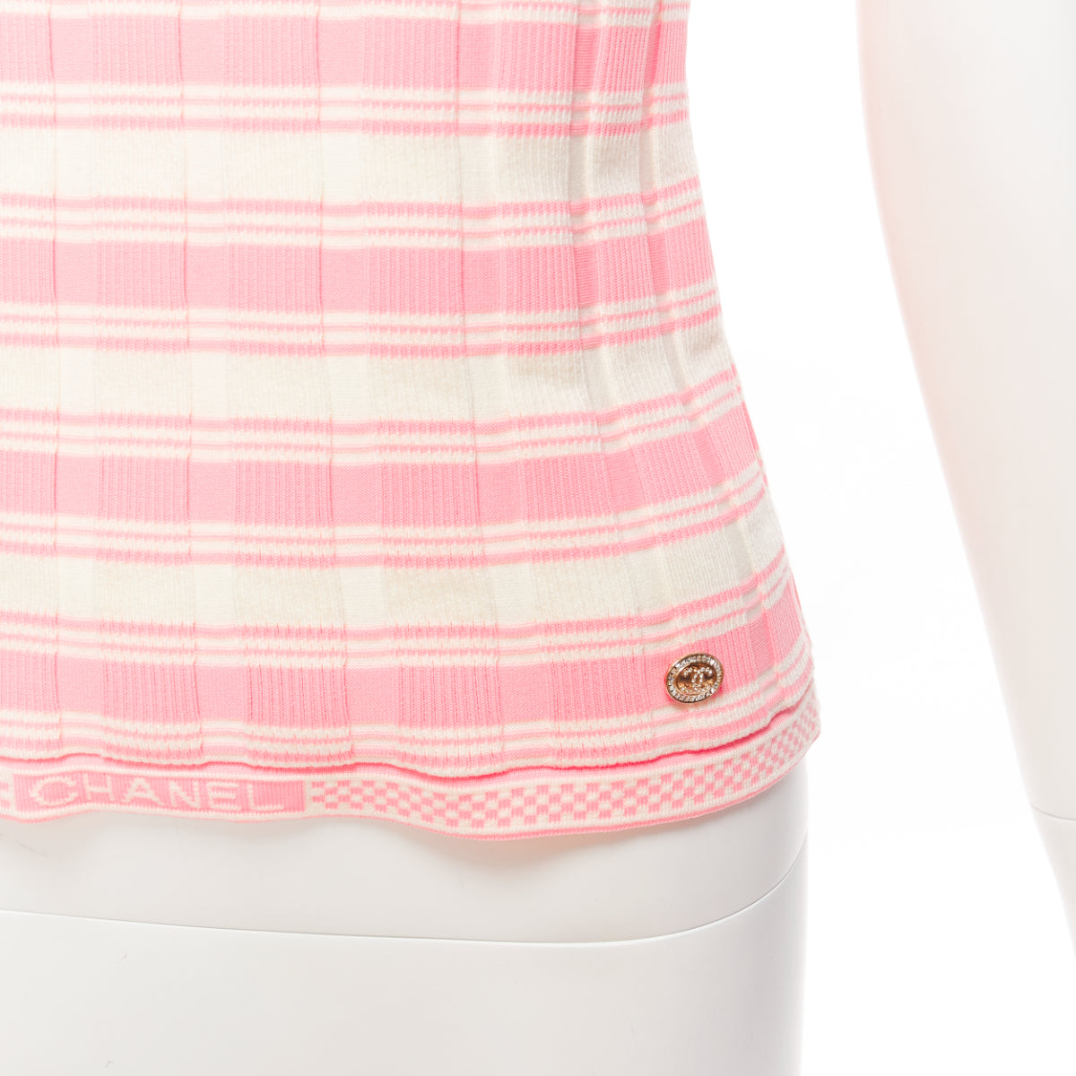 Women's Chanel Stripe Logo Charm Short Sleeve Ribbed Sweater