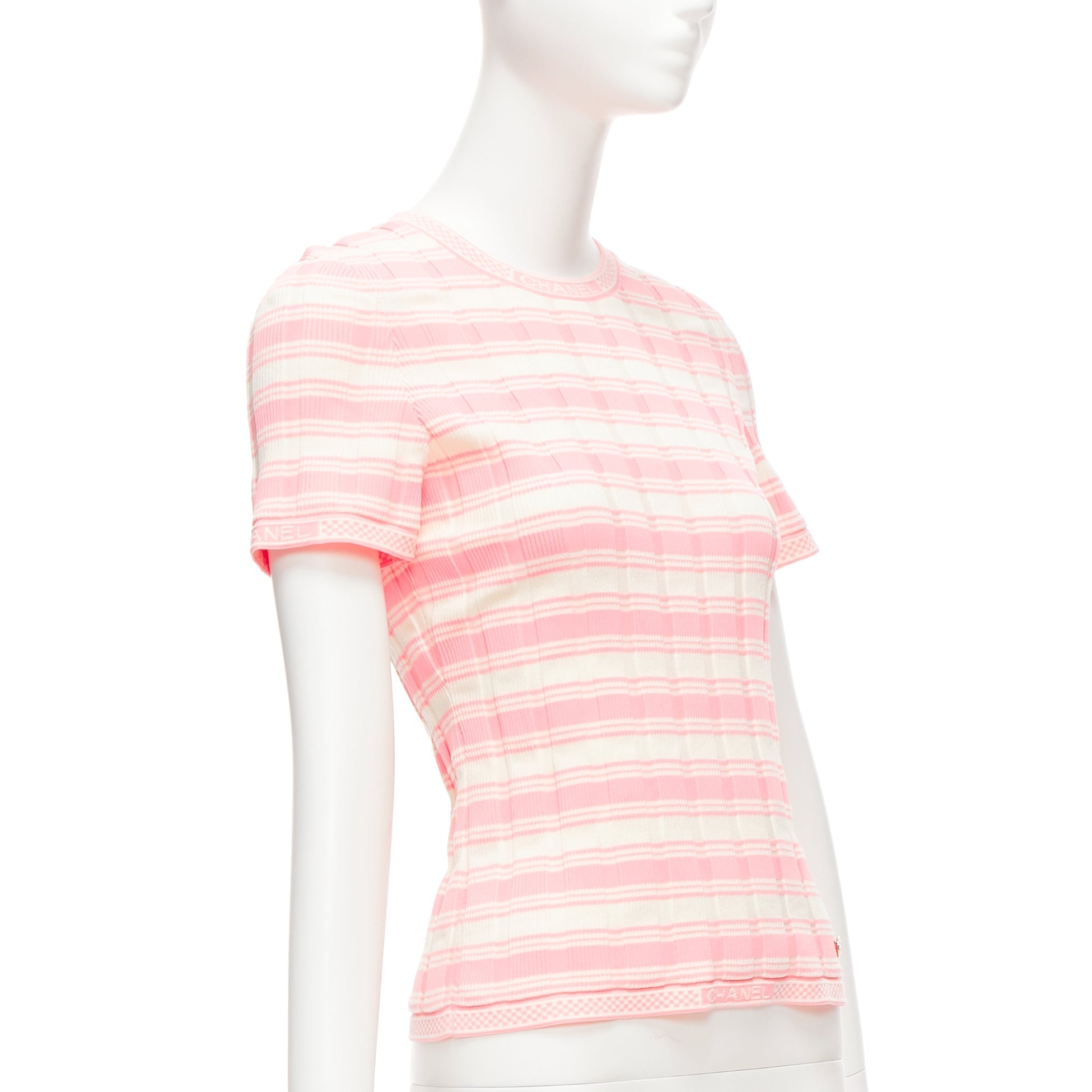 Women's Chanel Stripe Logo Charm Short Sleeve Ribbed Sweater
