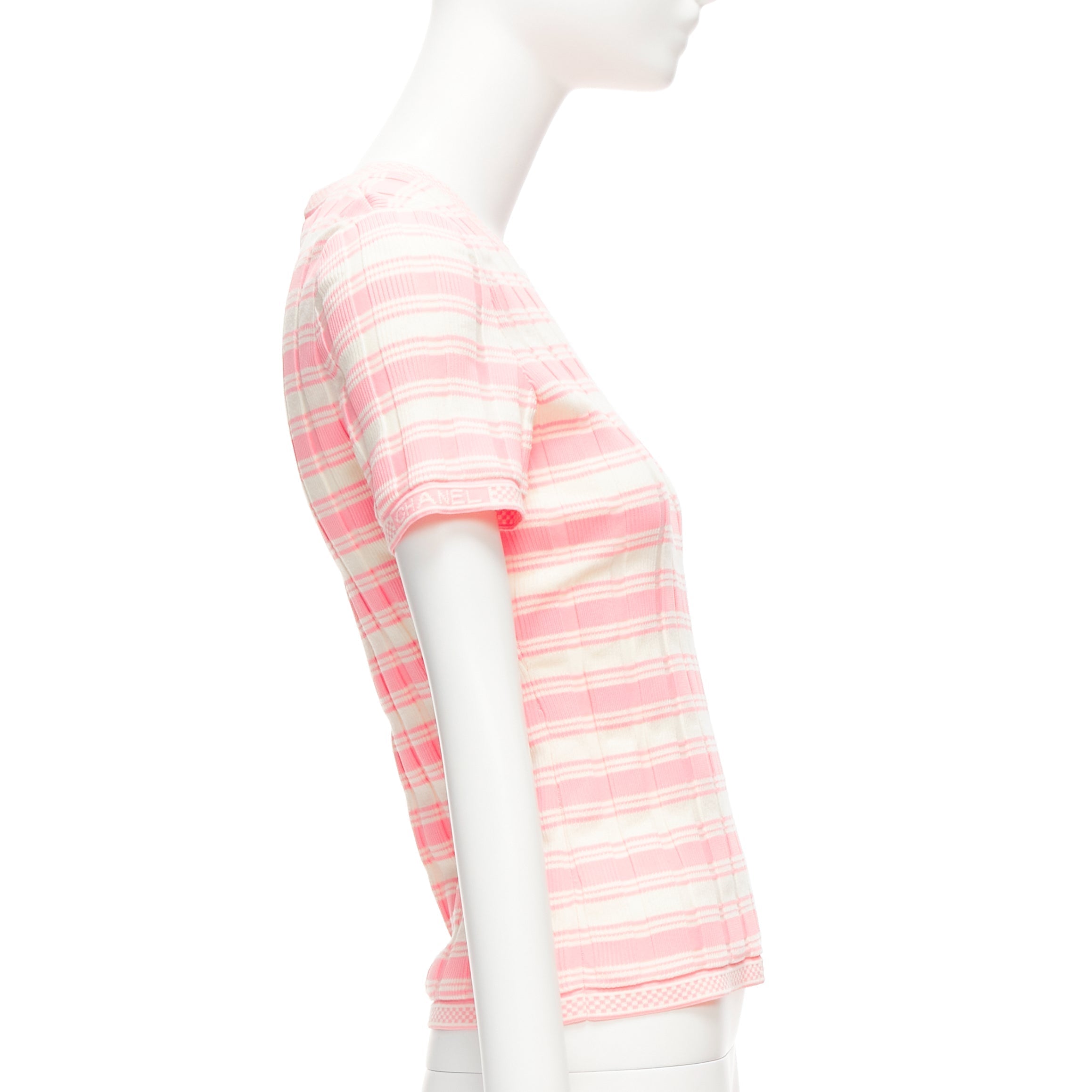 Women's Chanel Stripe Logo Charm Short Sleeve Ribbed Sweater