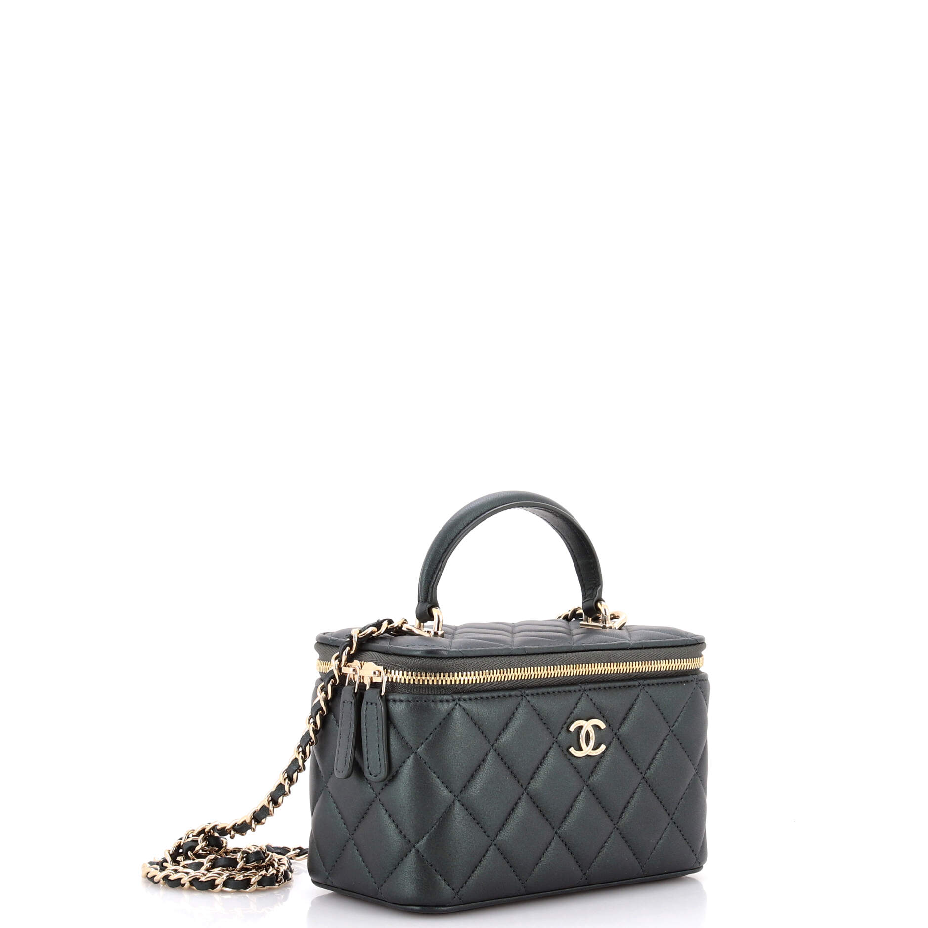 Classic Top Handle Vanity Case with Chain Quilted Lambskin Small