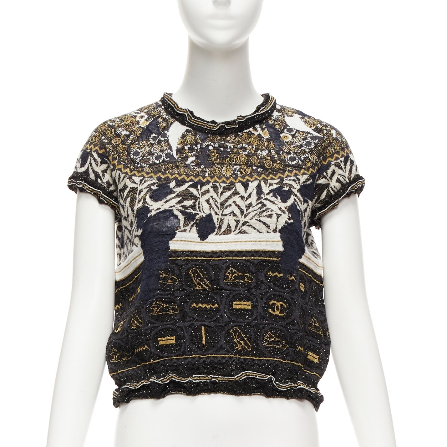 Women's Chanel Gold Egyptian Hieroglyphics CC Cap Sleeve Sweater