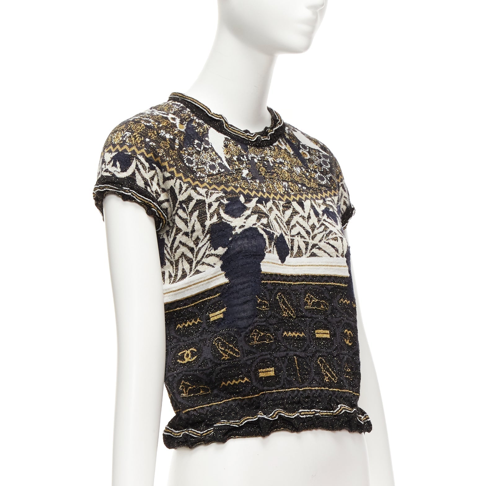 Women's Chanel Gold Egyptian Hieroglyphics CC Cap Sleeve Sweater
