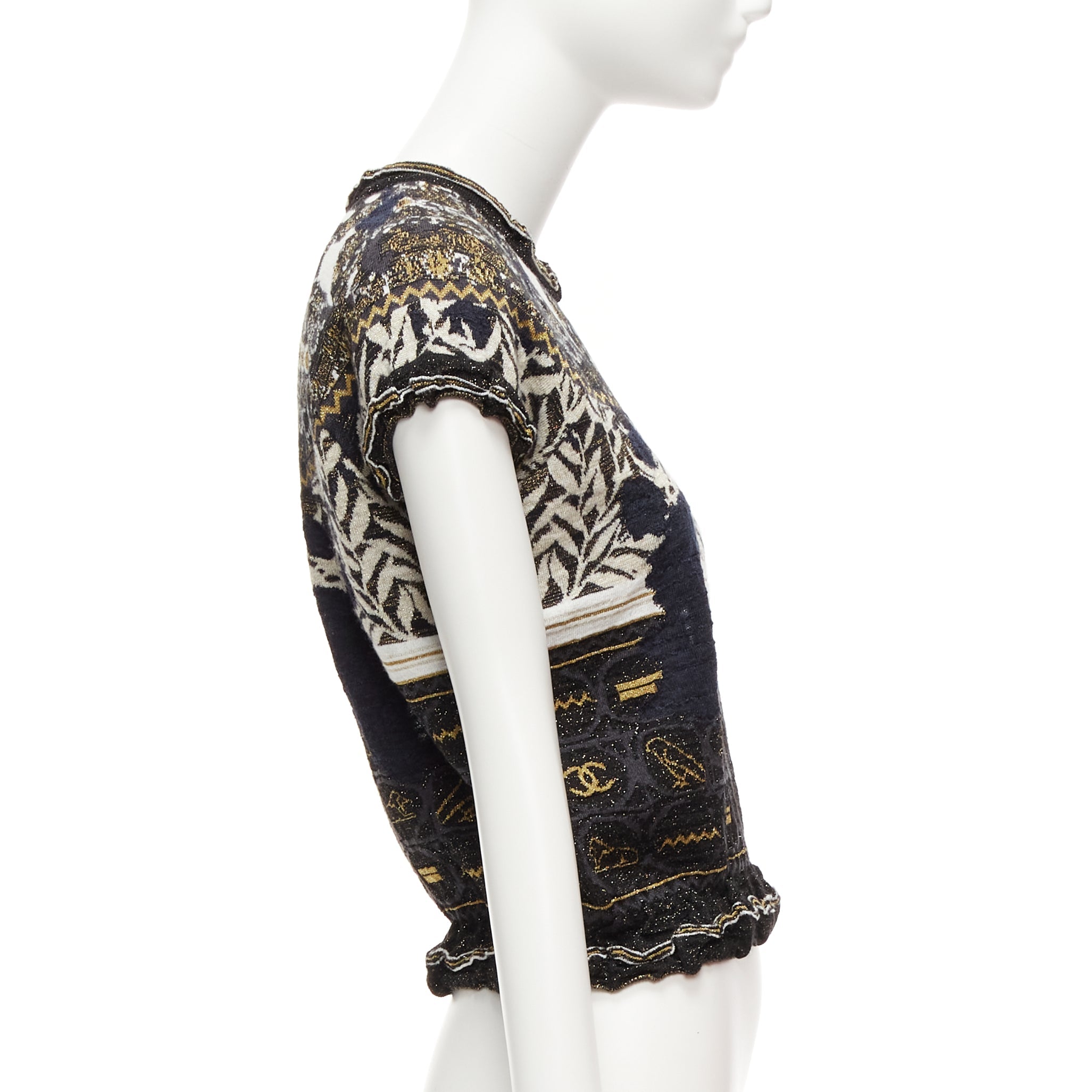 Women's Chanel Gold Egyptian Hieroglyphics CC Cap Sleeve Sweater