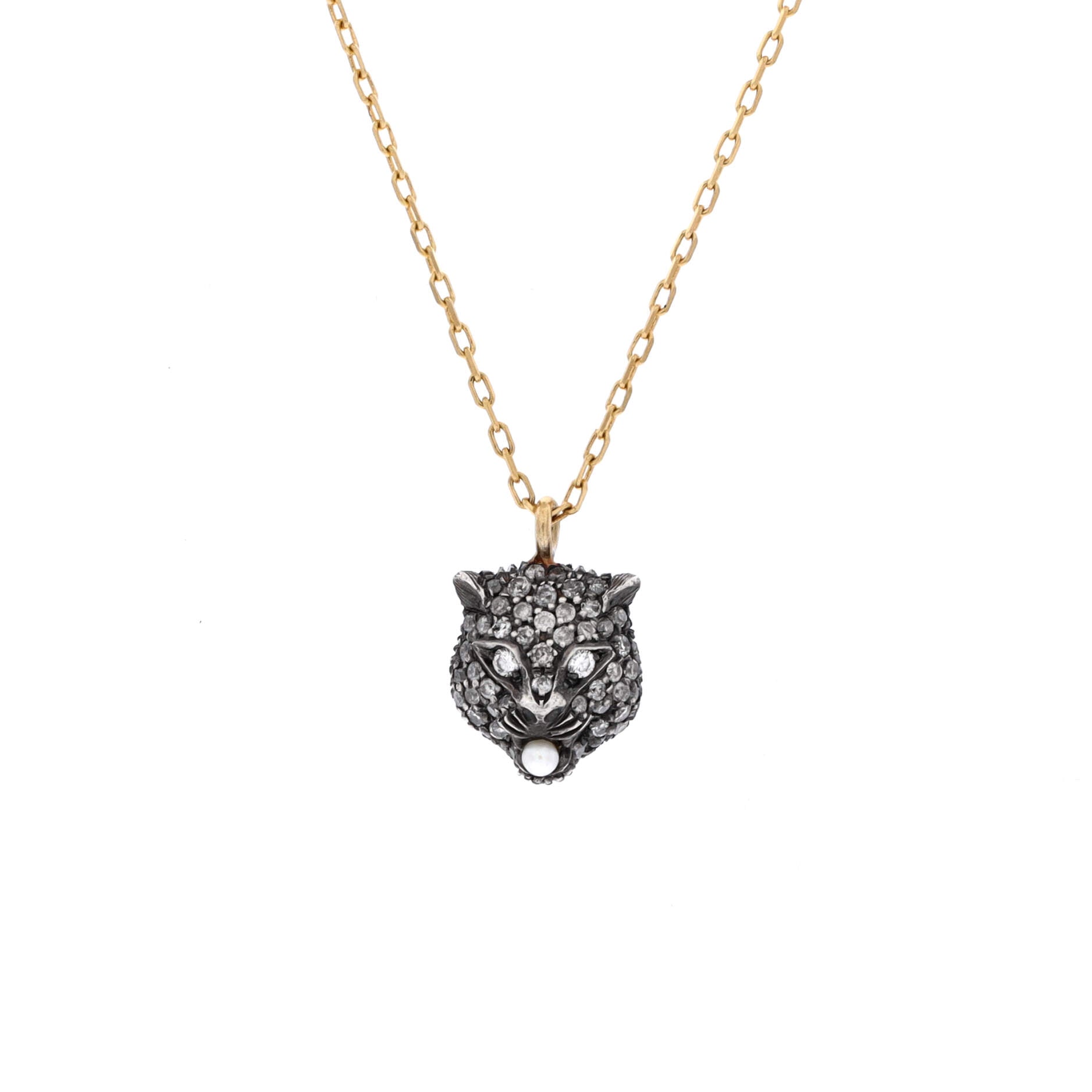Le Marche Des Merveilles Feline Head Pendant Necklace 18K Yellow Gold and Sterling Silver with Diamonds and Pearl