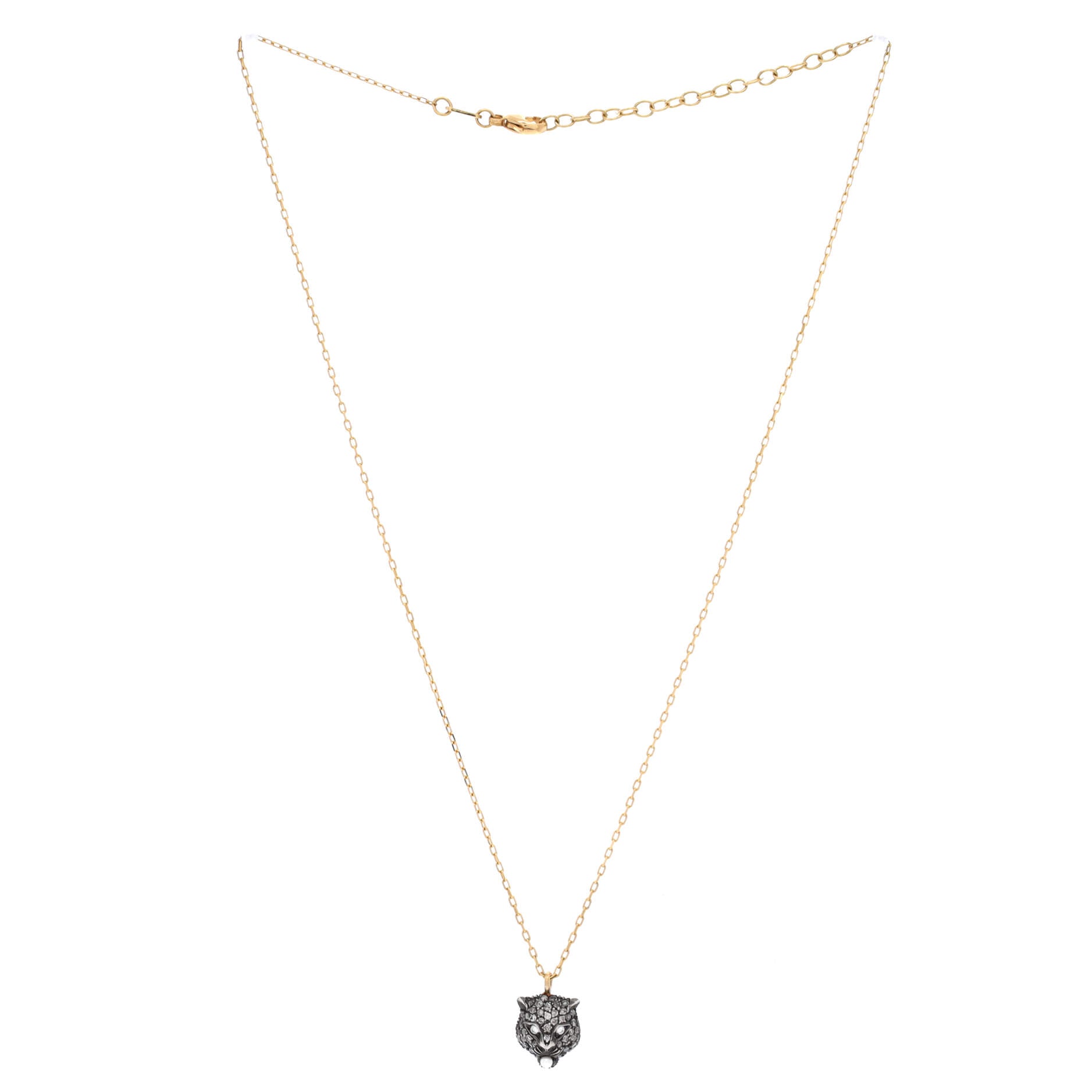 Le Marche Des Merveilles Feline Head Pendant Necklace 18K Yellow Gold and Sterling Silver with Diamonds and Pearl