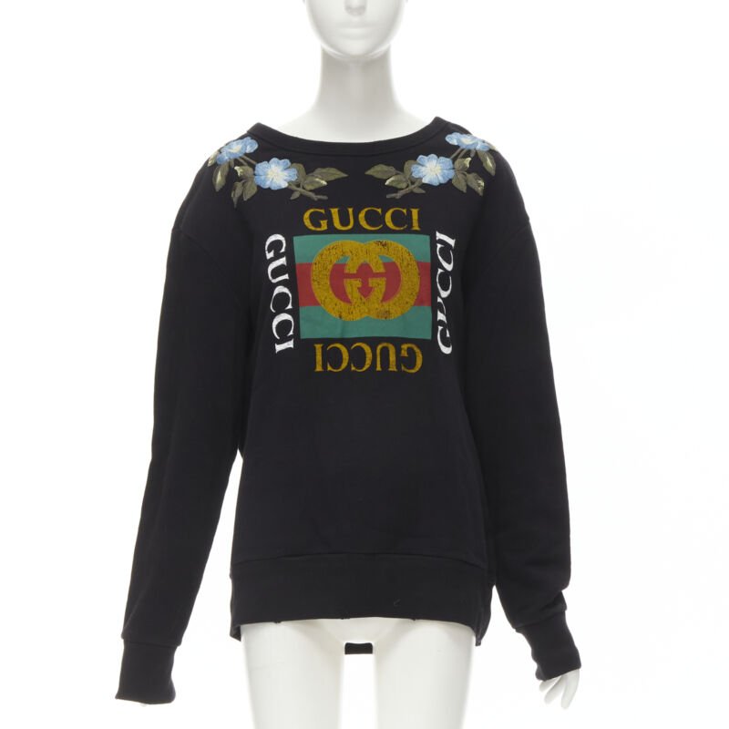 Women's Gucci Floral Embroidered Logo Loved Studded Distressed Sweatshirt