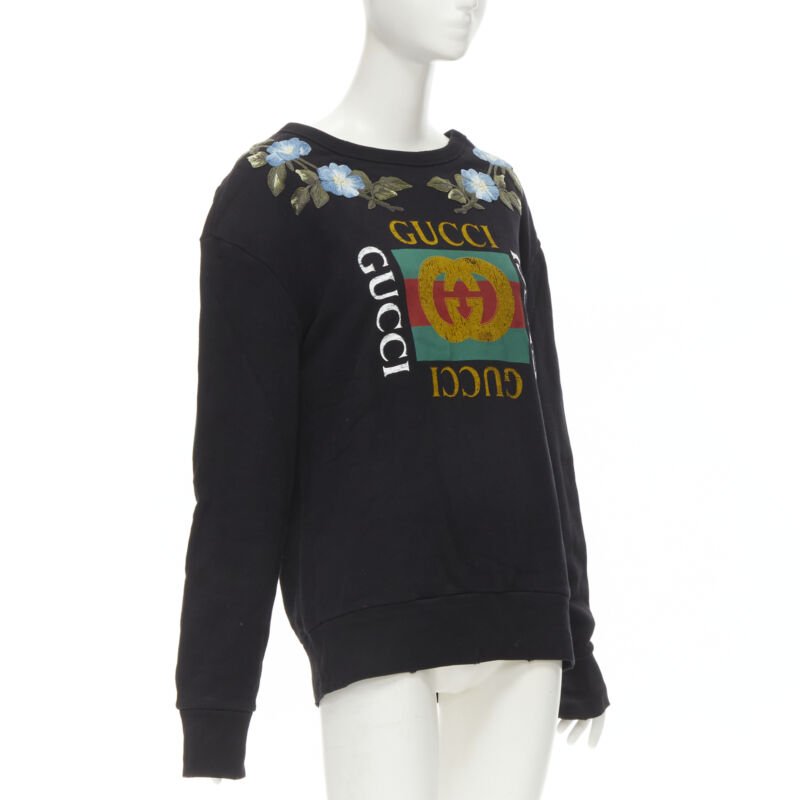 Women's Gucci Floral Embroidered Logo Loved Studded Distressed Sweatshirt
