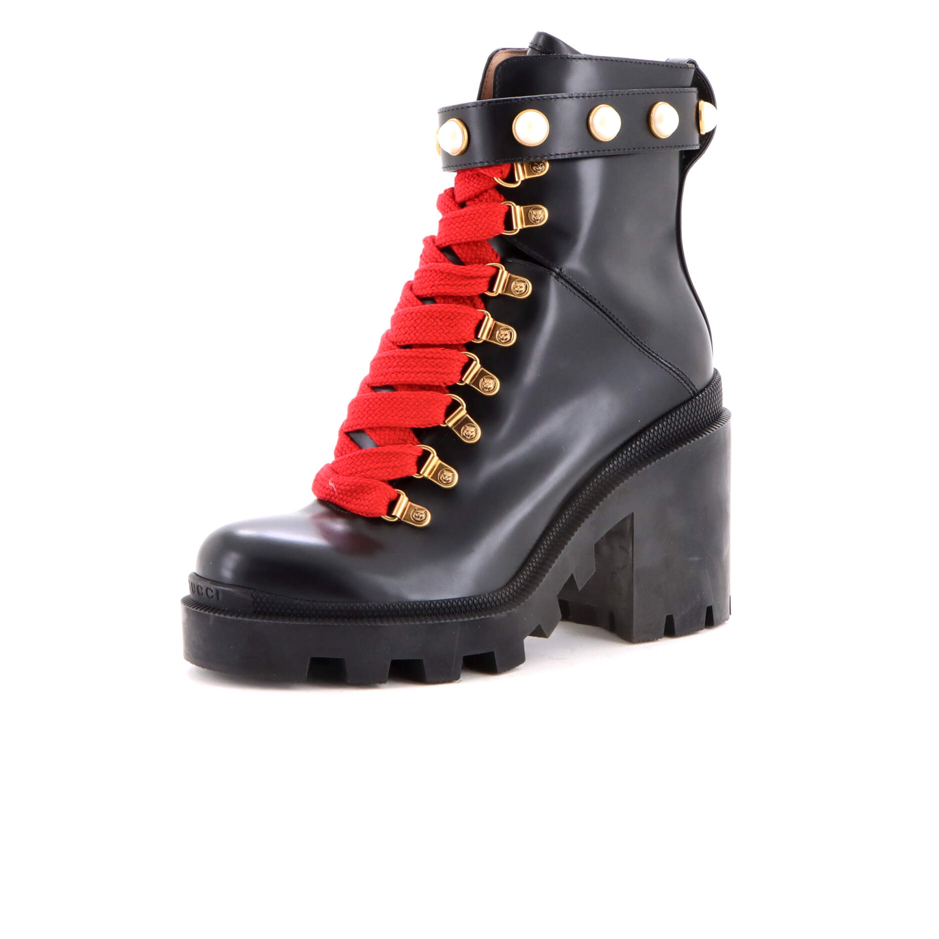 Women's Heeled Lace Up Combat Ankle Boots Leather with Faux Pearls