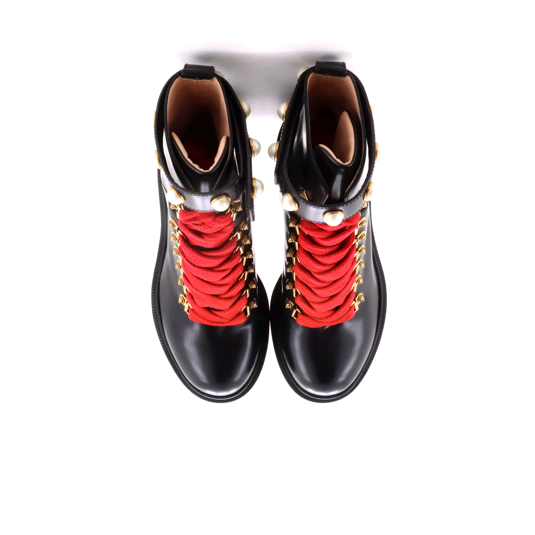 Women's Heeled Lace Up Combat Ankle Boots Leather with Faux Pearls