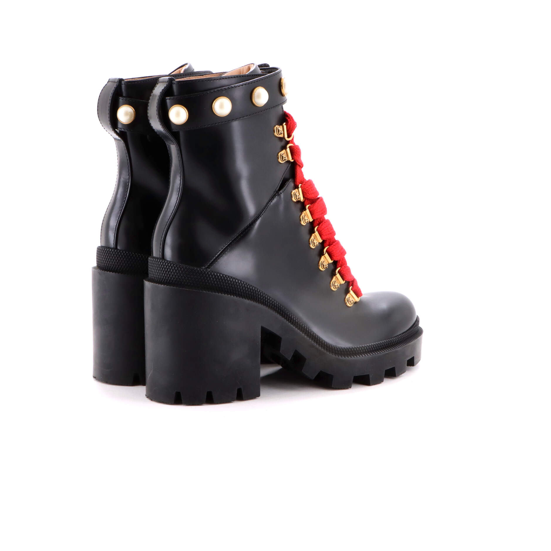 Women's Heeled Lace Up Combat Ankle Boots Leather with Faux Pearls