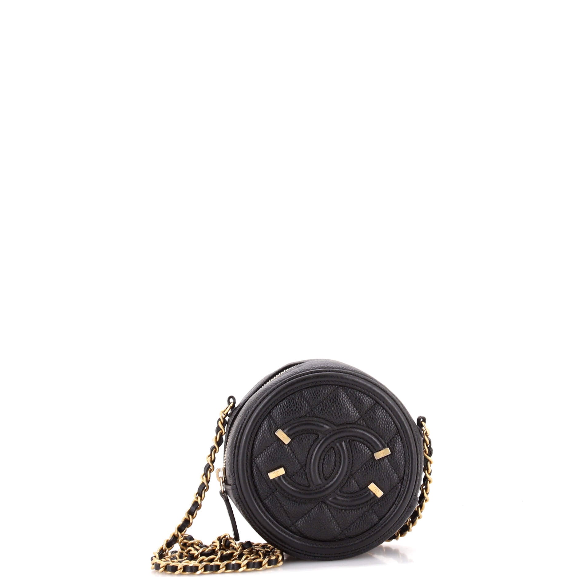 Filigree Round Clutch with Chain Quilted Caviar Mini