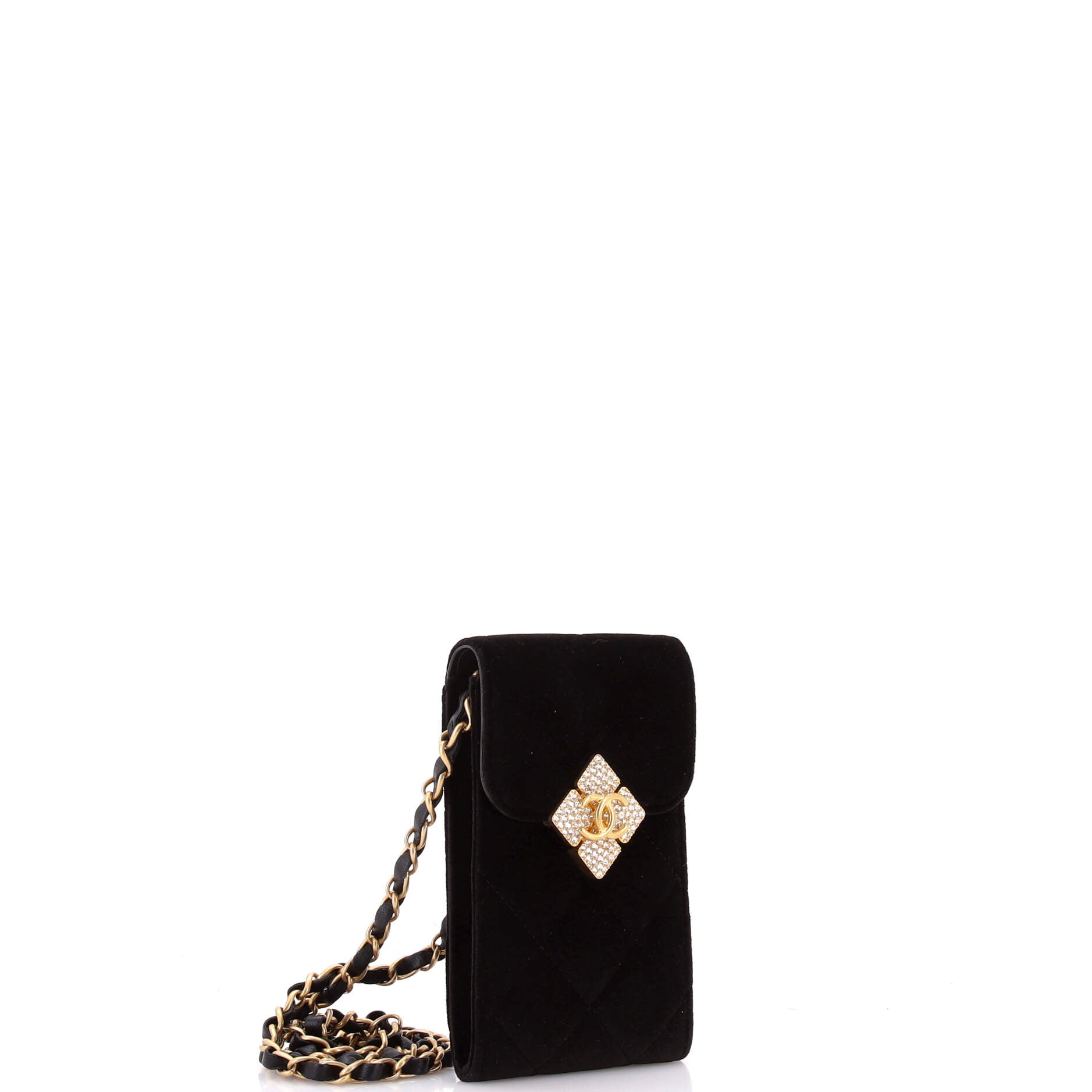 Diamond Lock CC Phone Holder with Chain Quilted Velvet with Crystals