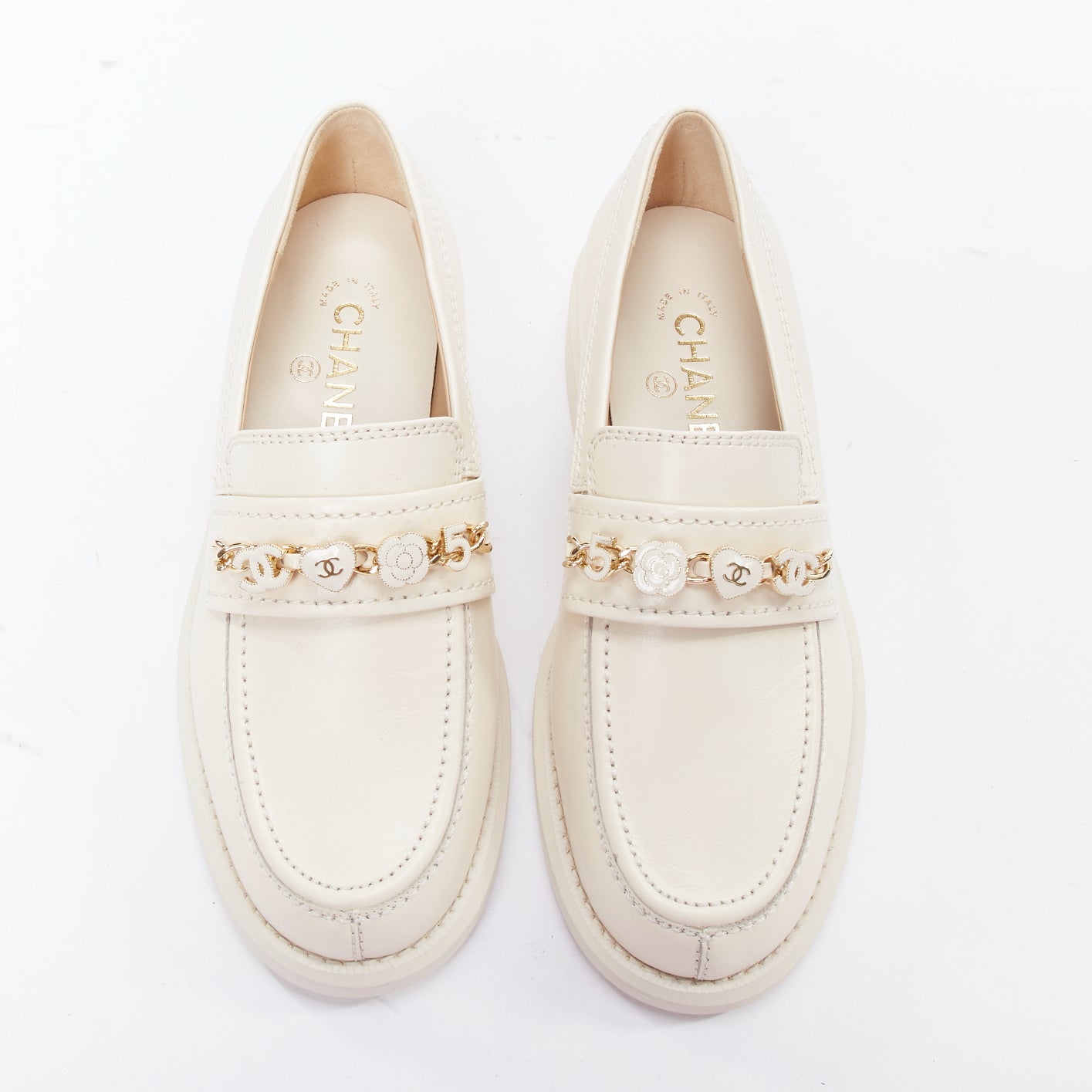 Women's Chanel CC Heart Flower Charm Chain Leather Loafers