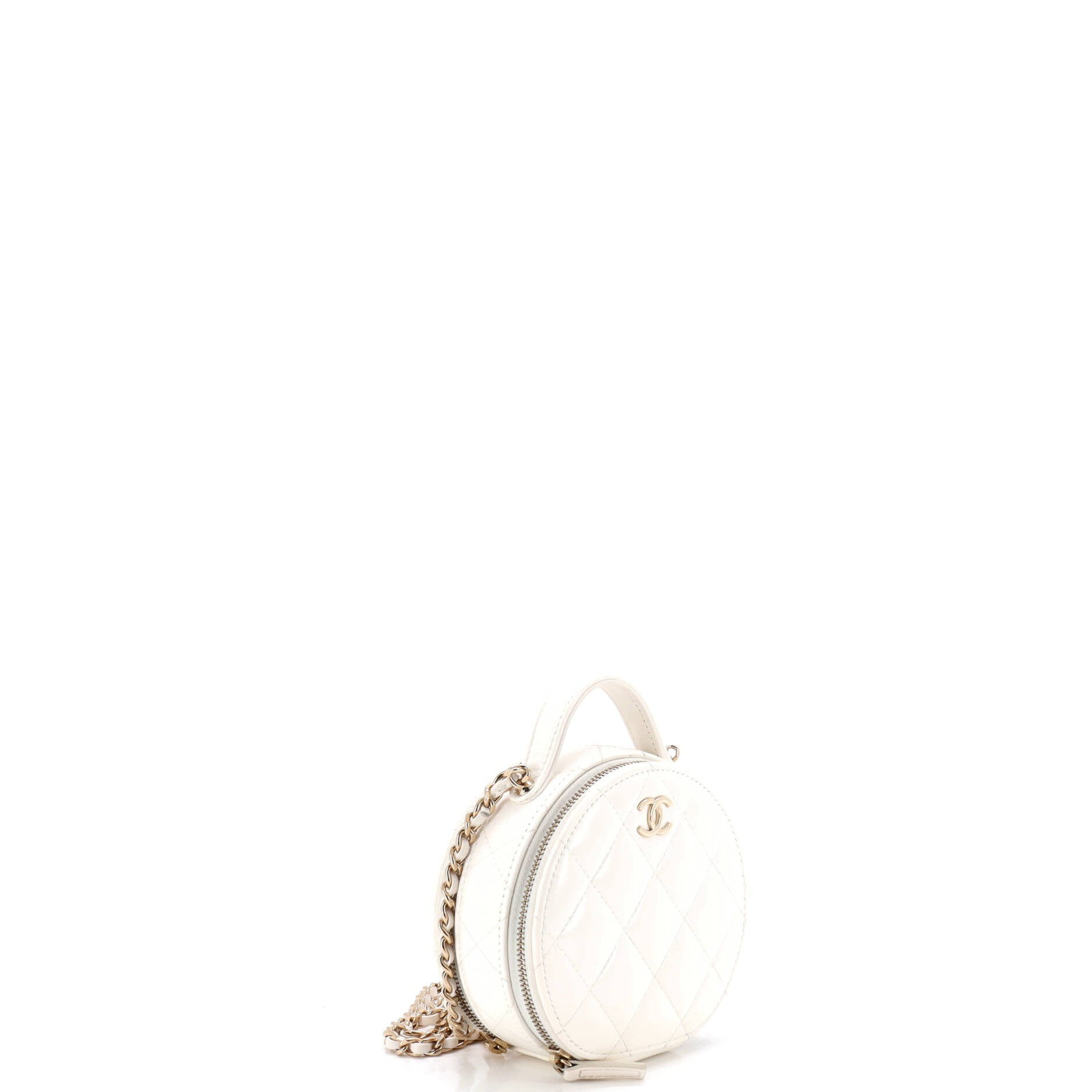 Handle with Care Round Vanity Case with Chain Quilted Lambskin Small