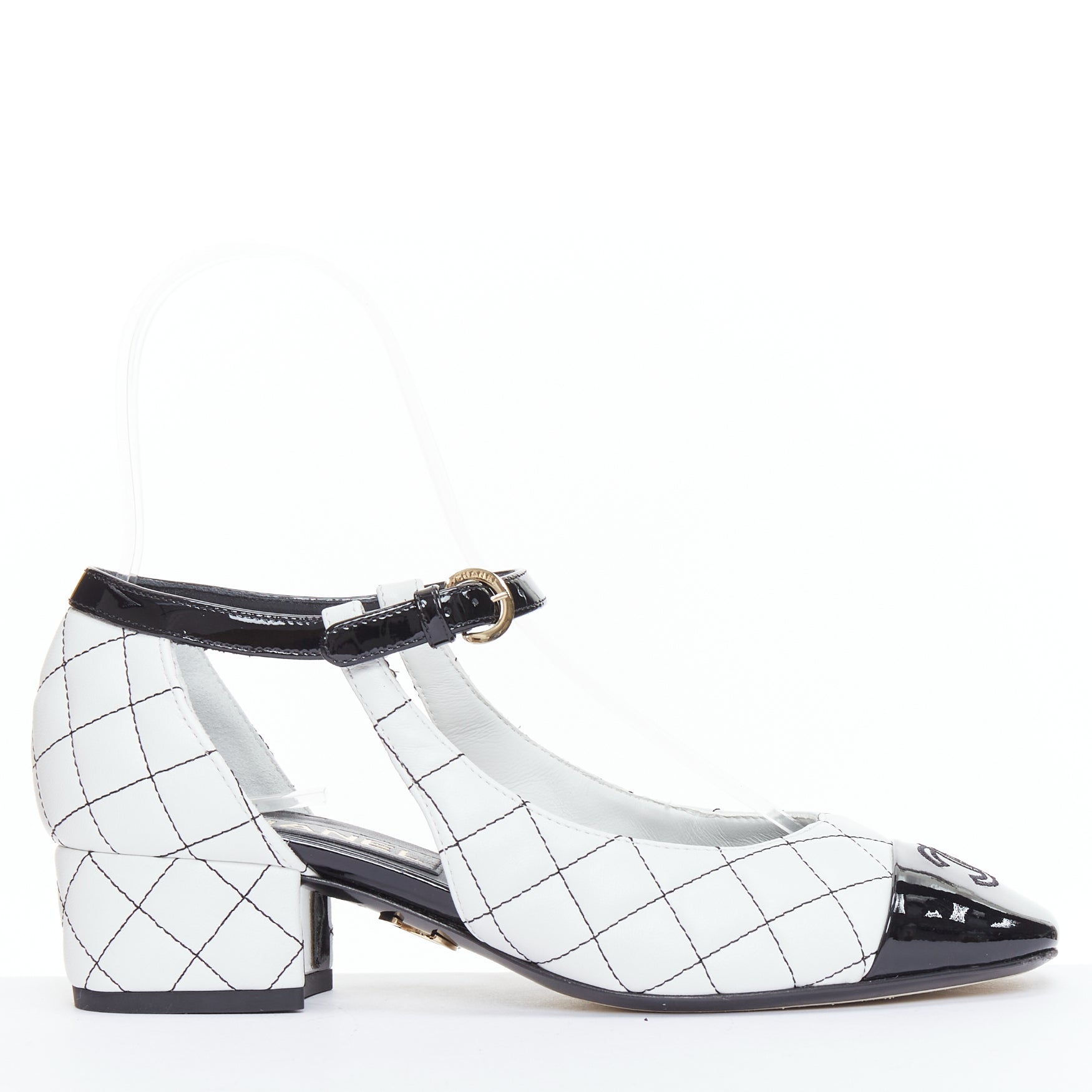 Women's Chanel Quilted Topstitch Patent Cap Toe Maryjane Heels