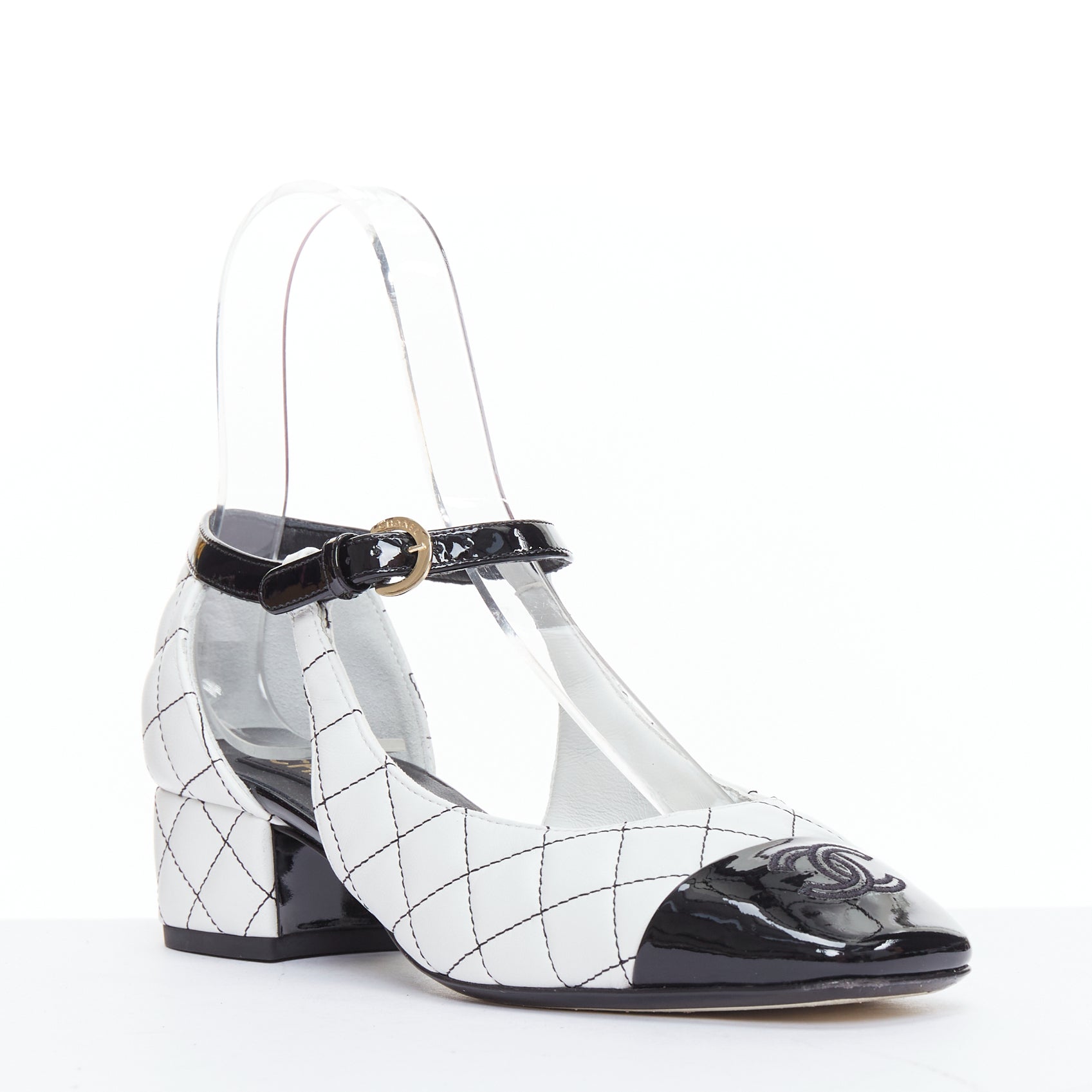 Women's Chanel Quilted Topstitch Patent Cap Toe Maryjane Heels