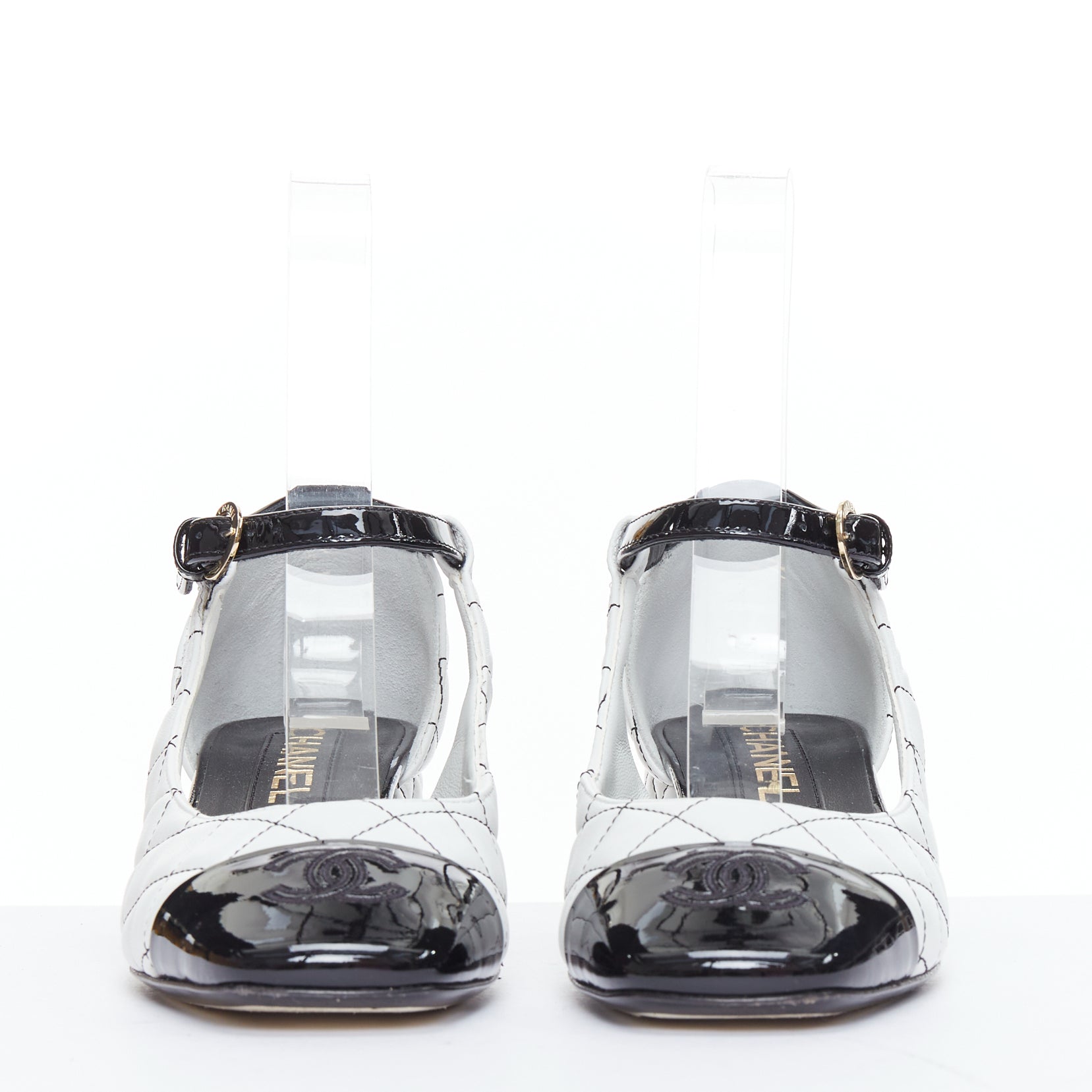 Women's Chanel Quilted Topstitch Patent Cap Toe Maryjane Heels