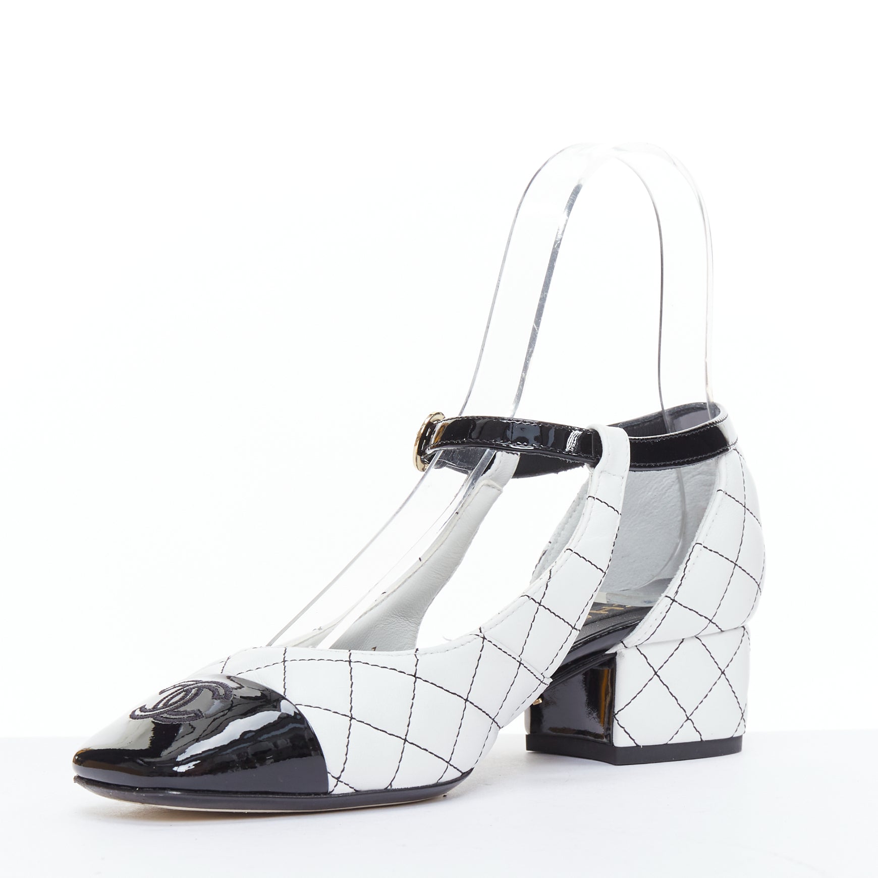 Women's Chanel Quilted Topstitch Patent Cap Toe Maryjane Heels