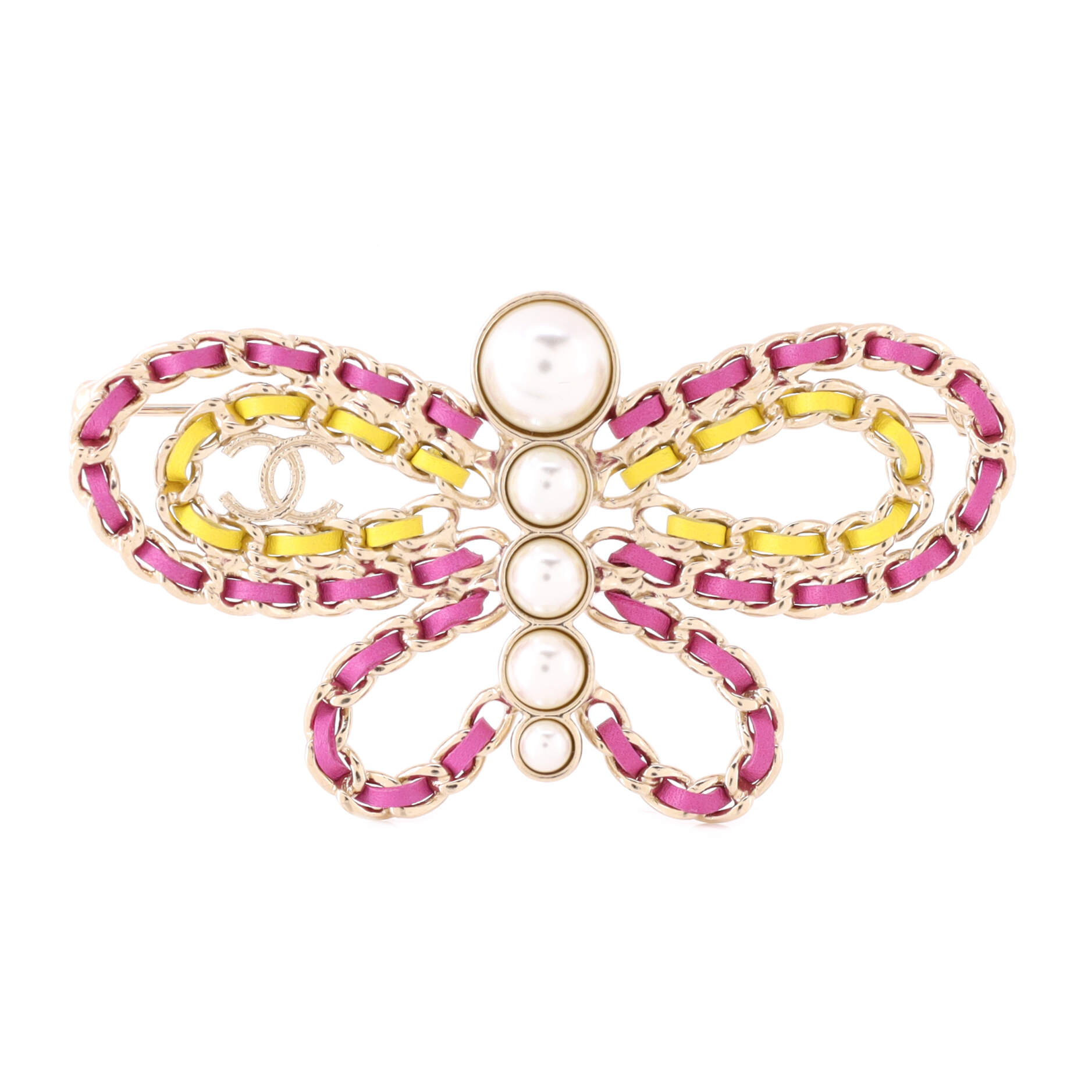 Butterfly Brooch Metal with Leather and Faux Pearls