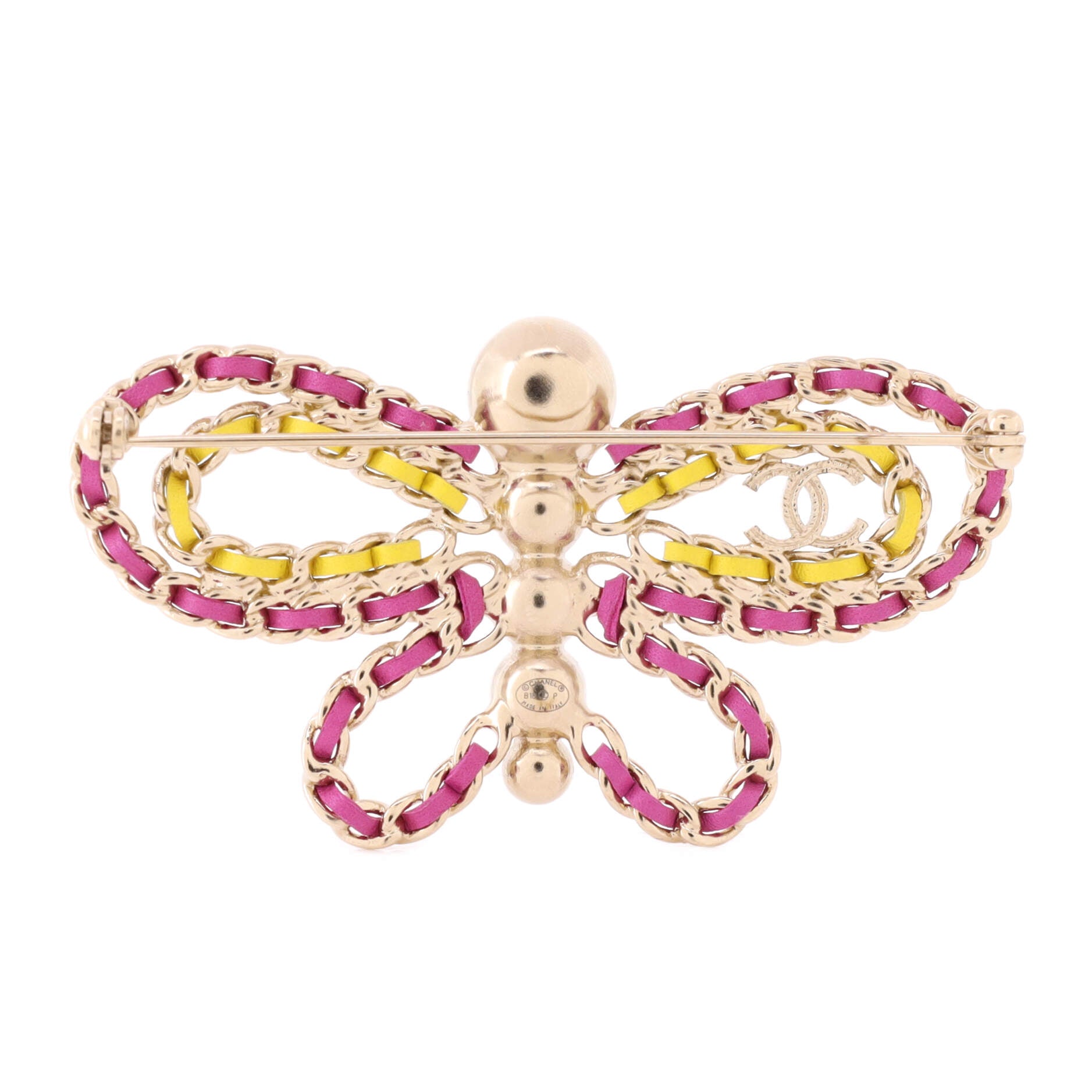 Butterfly Brooch Metal with Leather and Faux Pearls