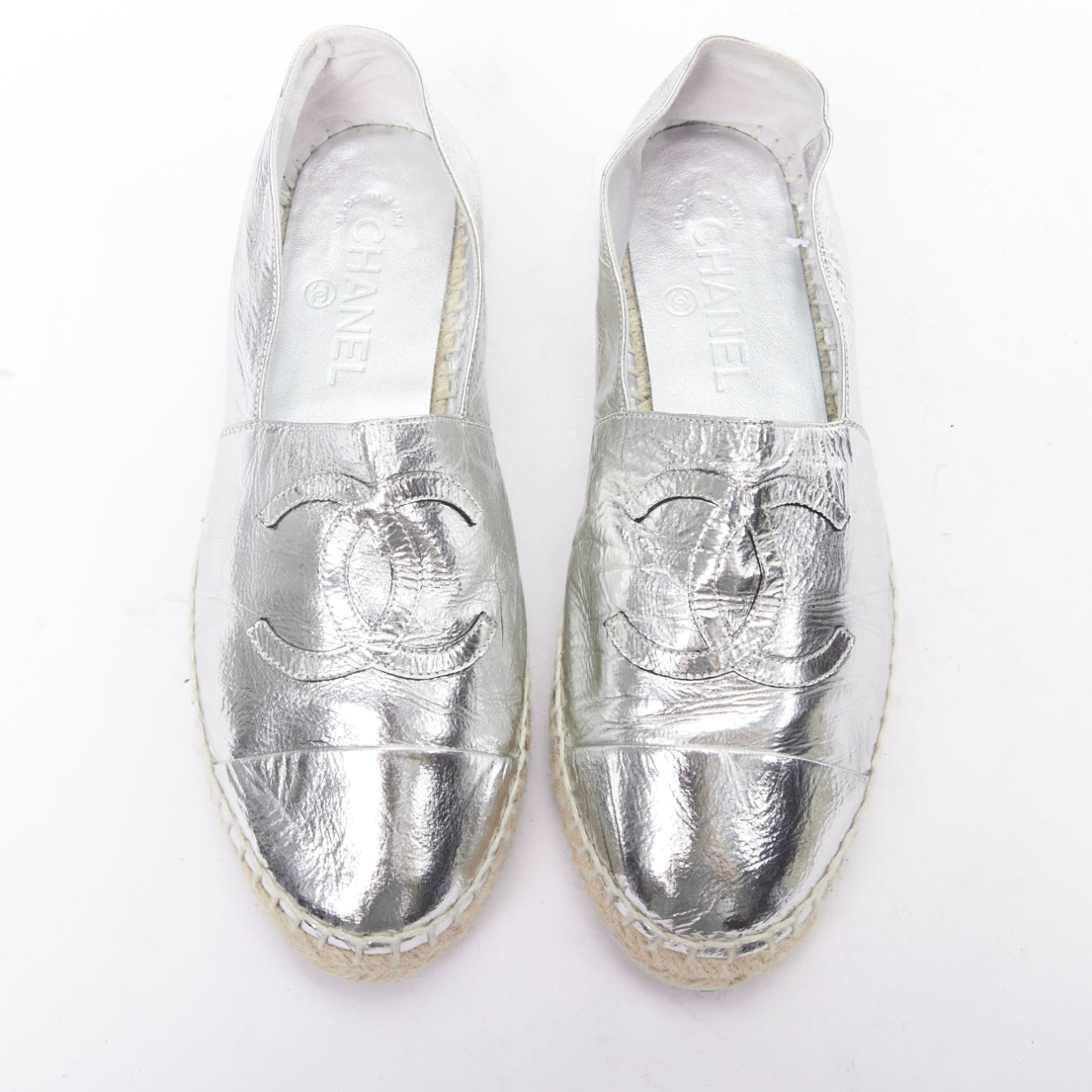 Women's Chanel Laminated Goatskin CC Logo Jute Espadrilles