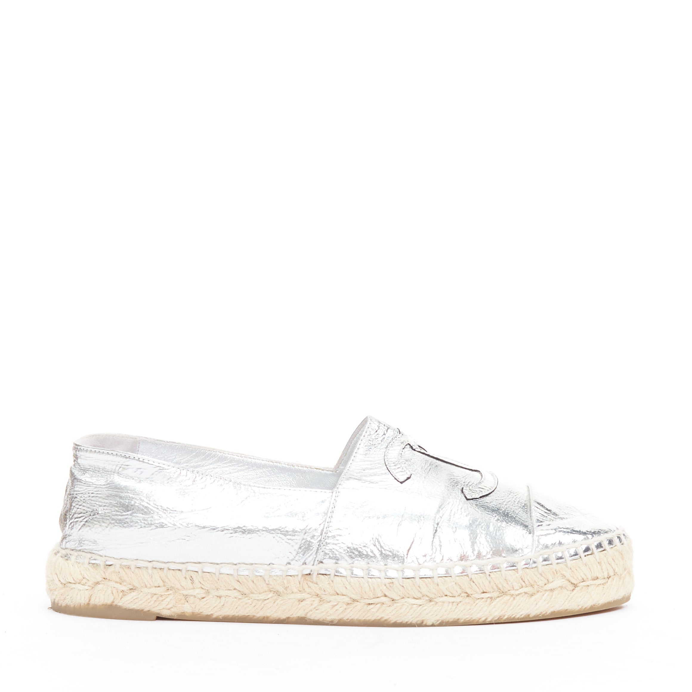 Women's Chanel Laminated Goatskin CC Logo Jute Espadrilles