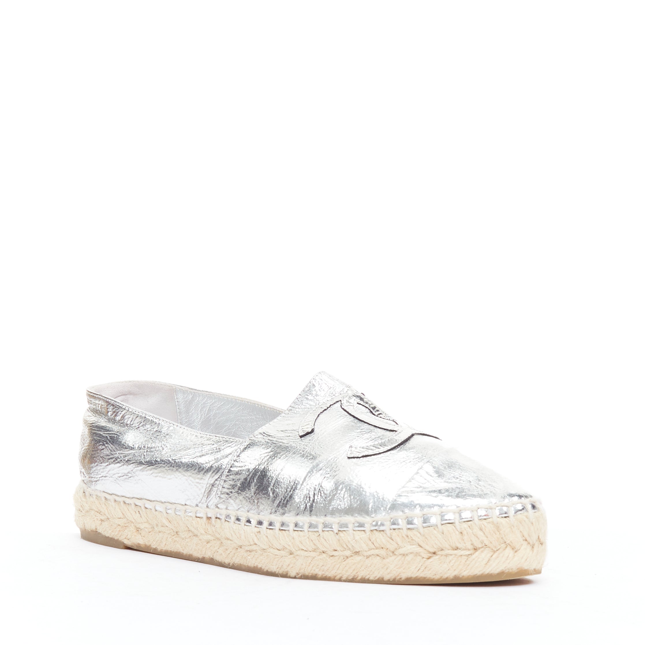 Women's Chanel Laminated Goatskin CC Logo Jute Espadrilles