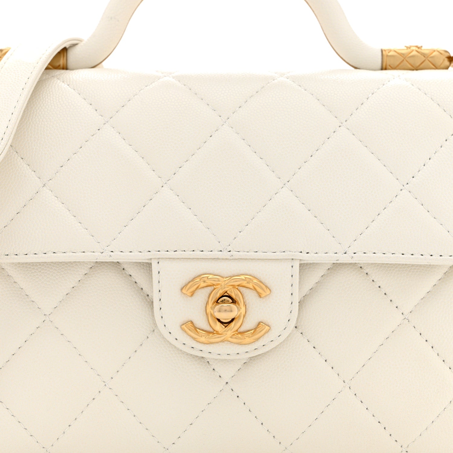 Shiny Caviar Quilted Small Top Handle Flap White