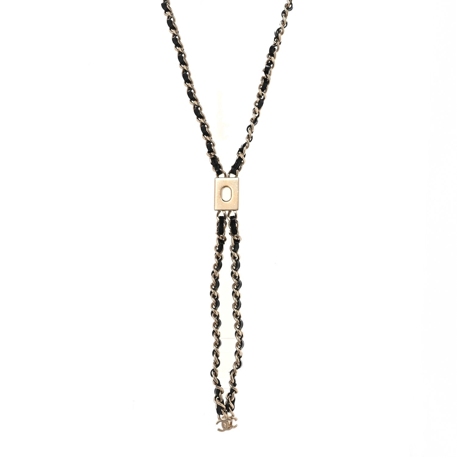 Metal Lambskin CC Lariat Necklace Black Gold