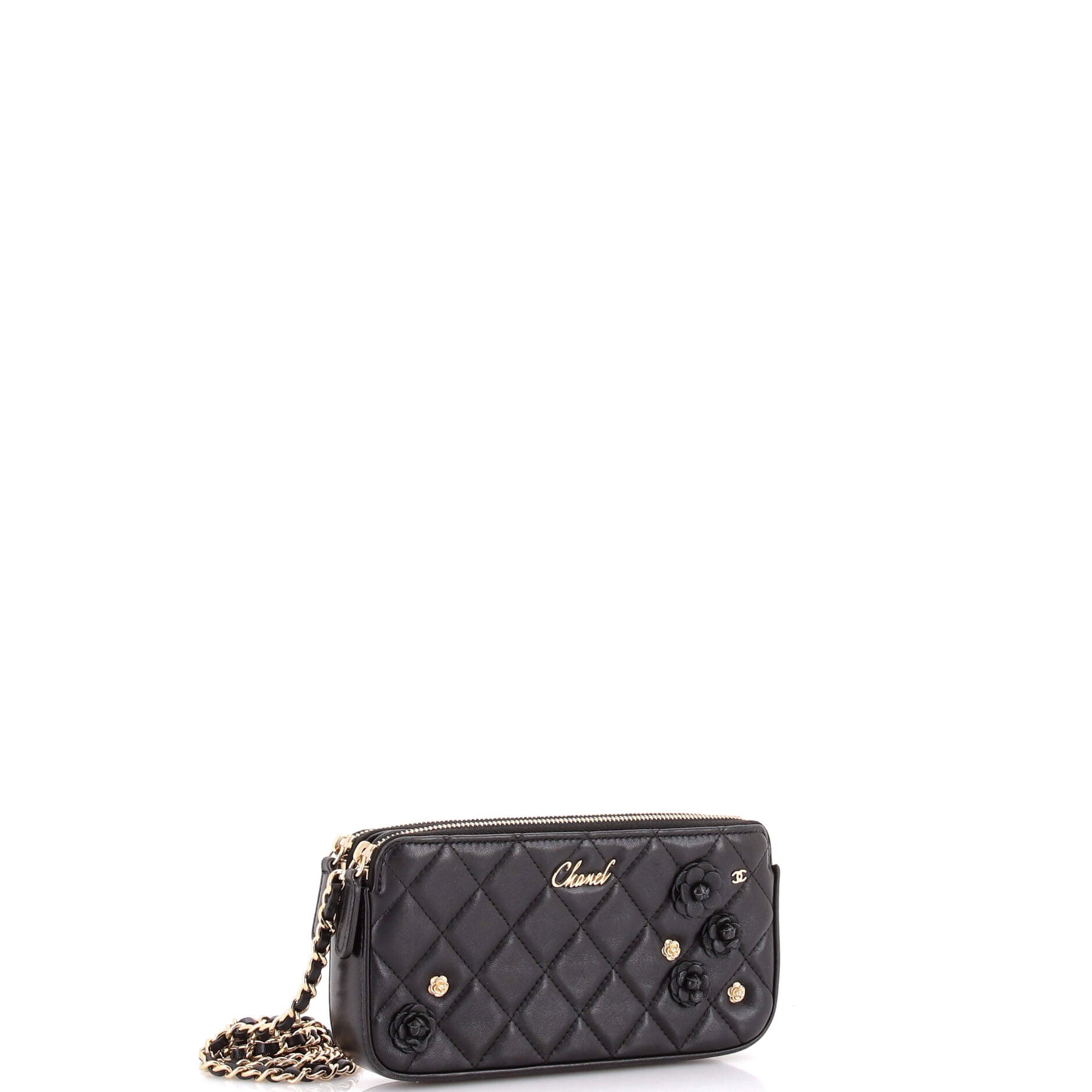 Camellia Charms Double Zip Clutch with Chain Quilted Lambskin