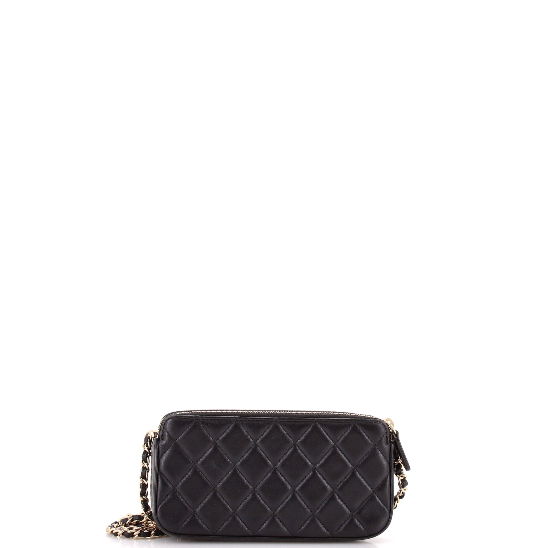 Camellia Charms Double Zip Clutch with Chain Quilted Lambskin
