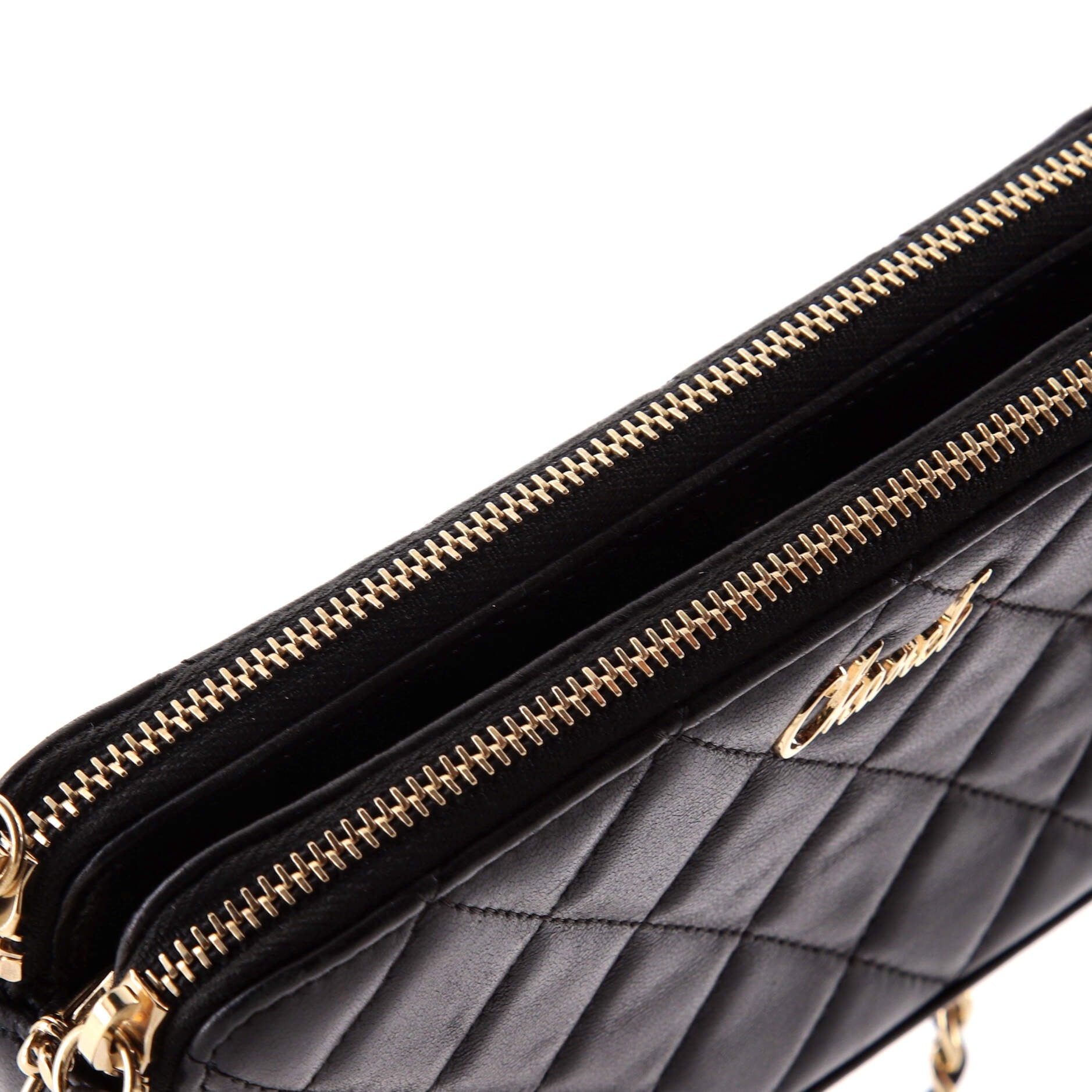 Camellia Charms Double Zip Clutch with Chain Quilted Lambskin