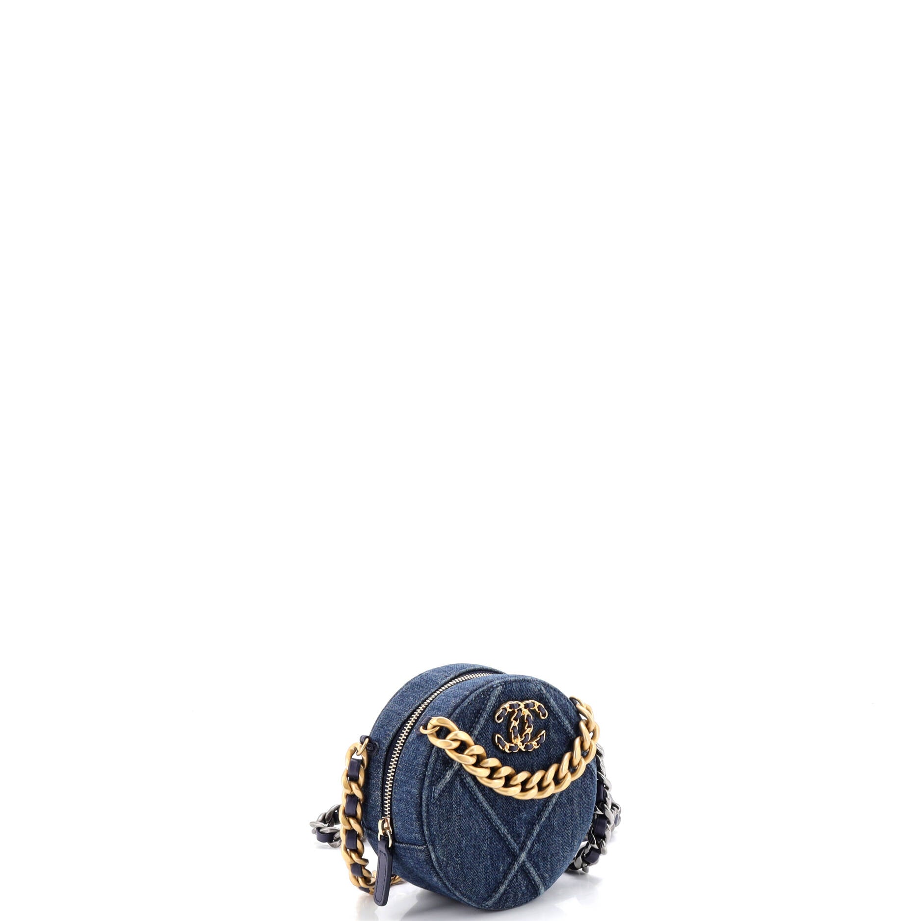 19 Round Clutch with Chain Quilted Denim