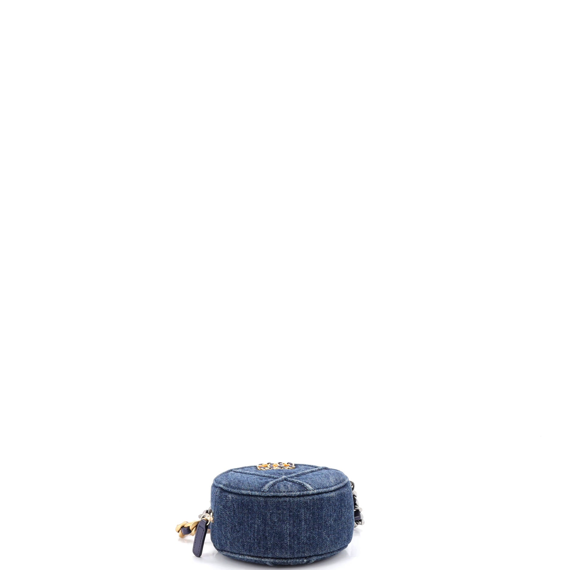 19 Round Clutch with Chain Quilted Denim