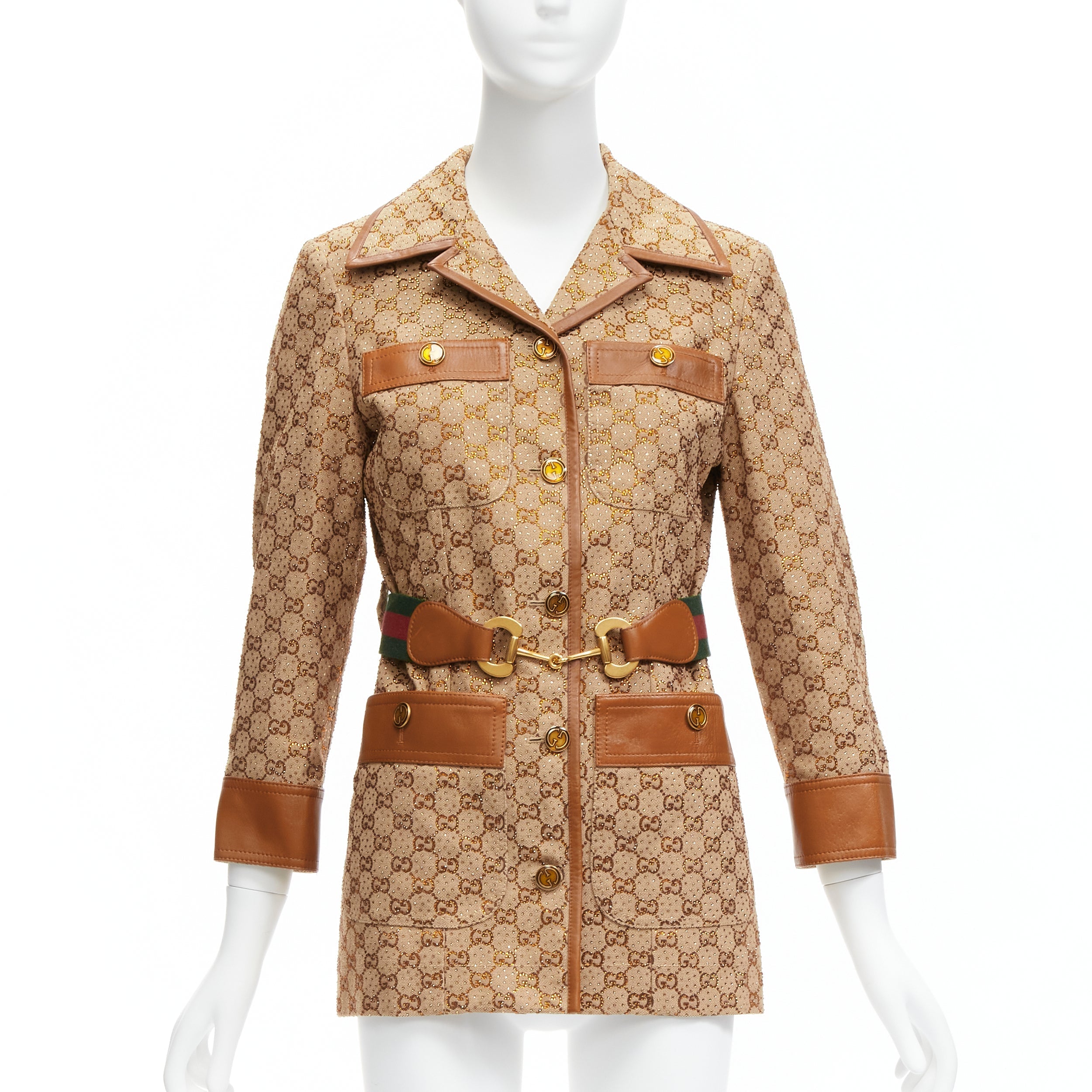 Women's Gucci aria crystal embellished horsebit web belt gg canvas jacket