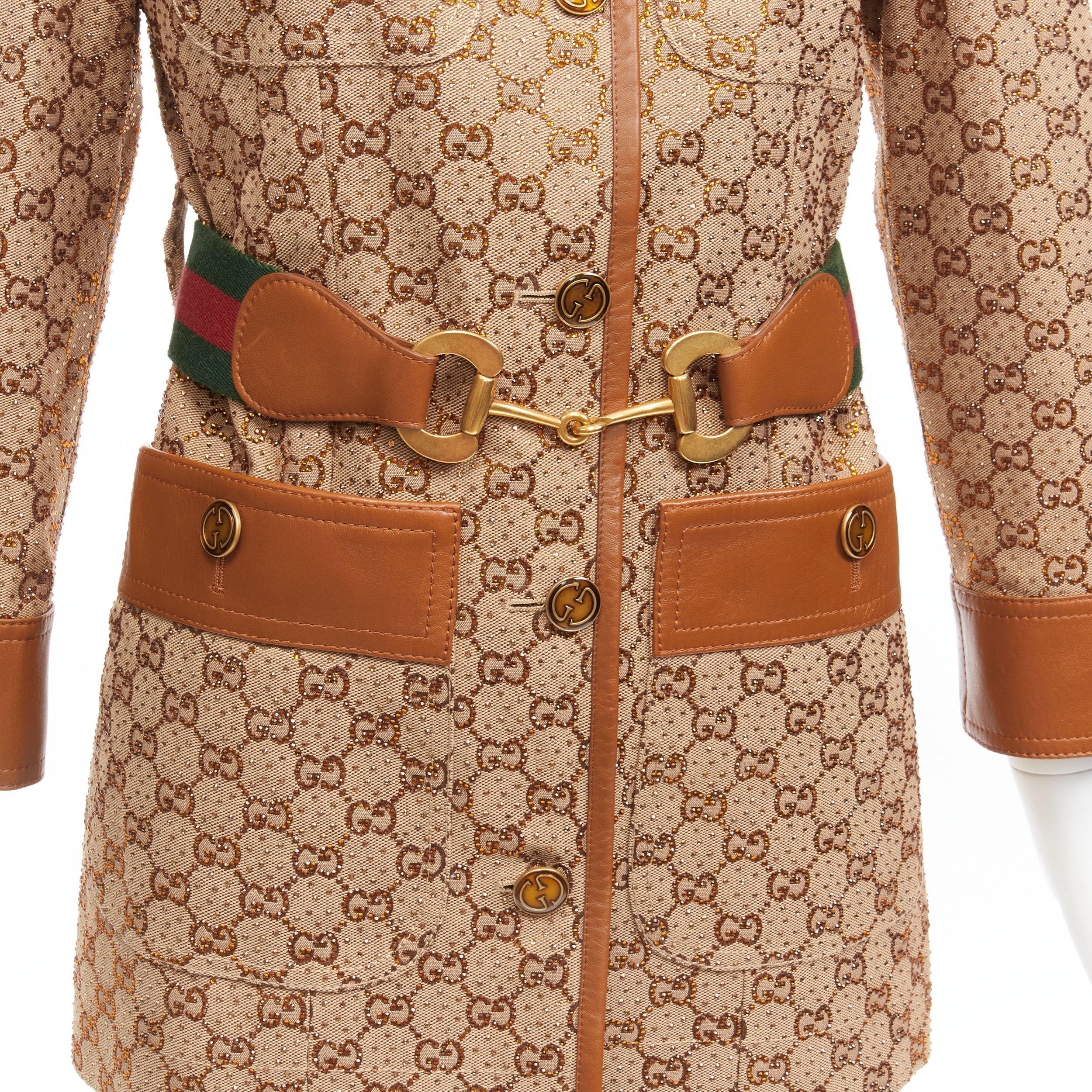Women's Gucci aria crystal embellished horsebit web belt gg canvas jacket