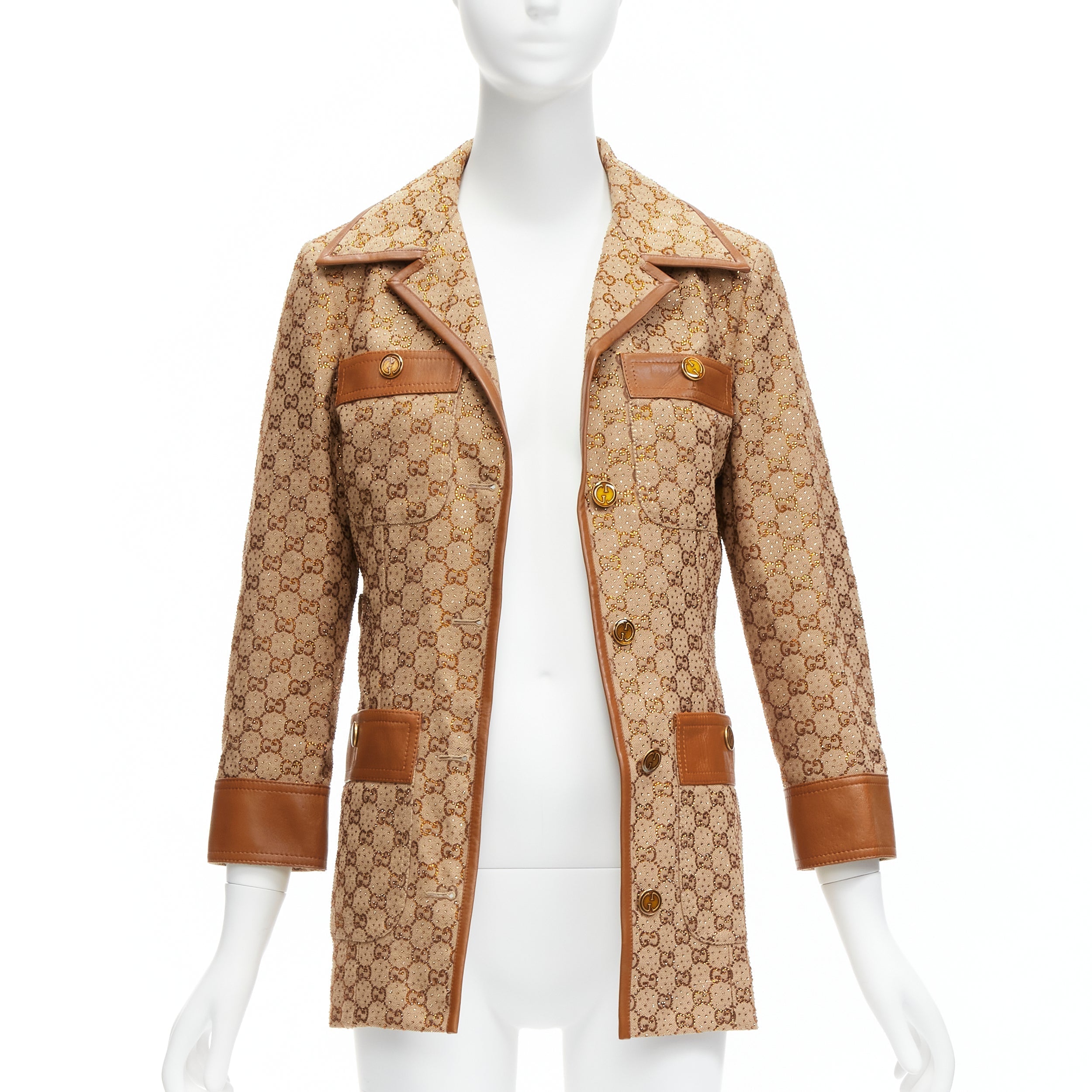 Women's Gucci aria crystal embellished horsebit web belt gg canvas jacket
