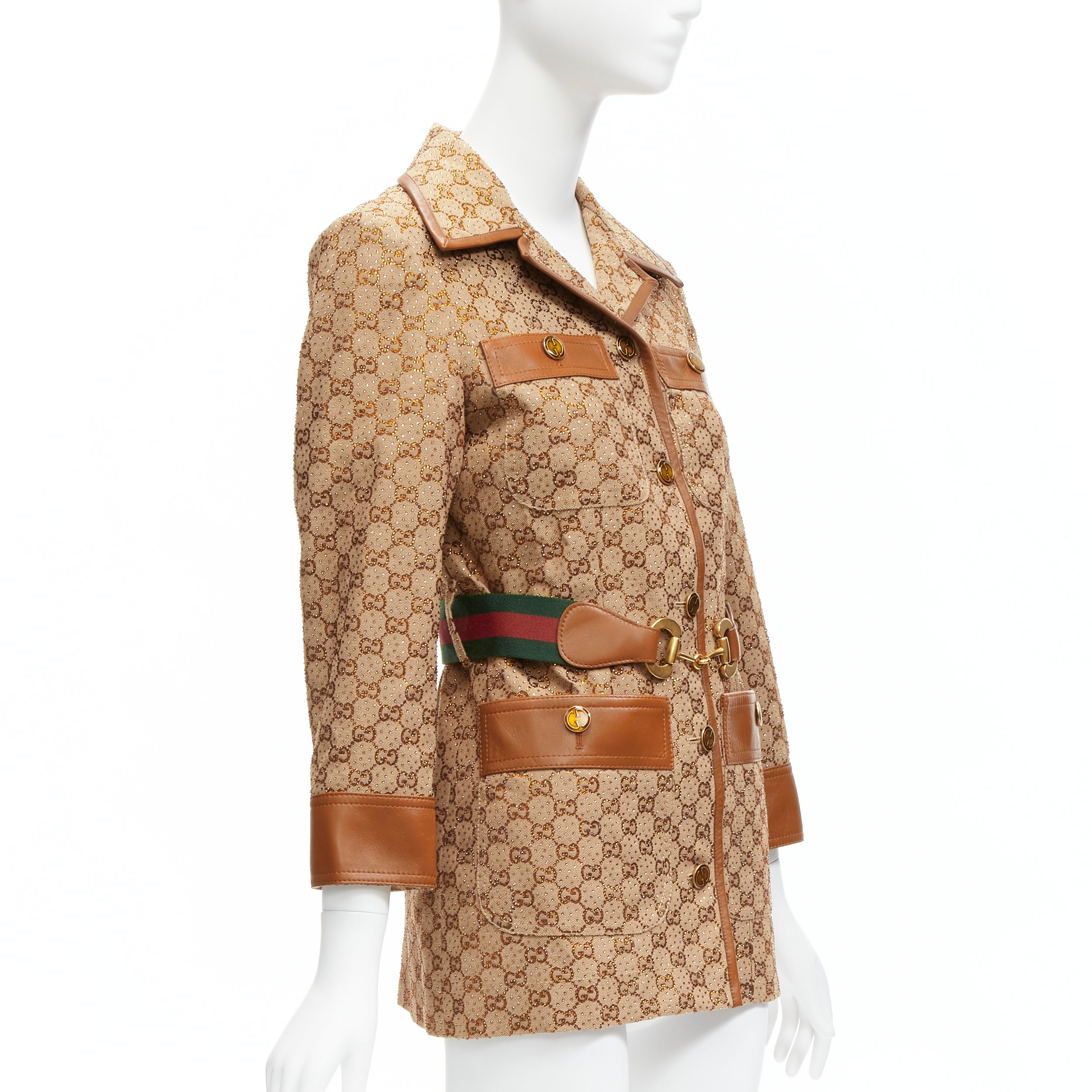 Women's Gucci aria crystal embellished horsebit web belt gg canvas jacket