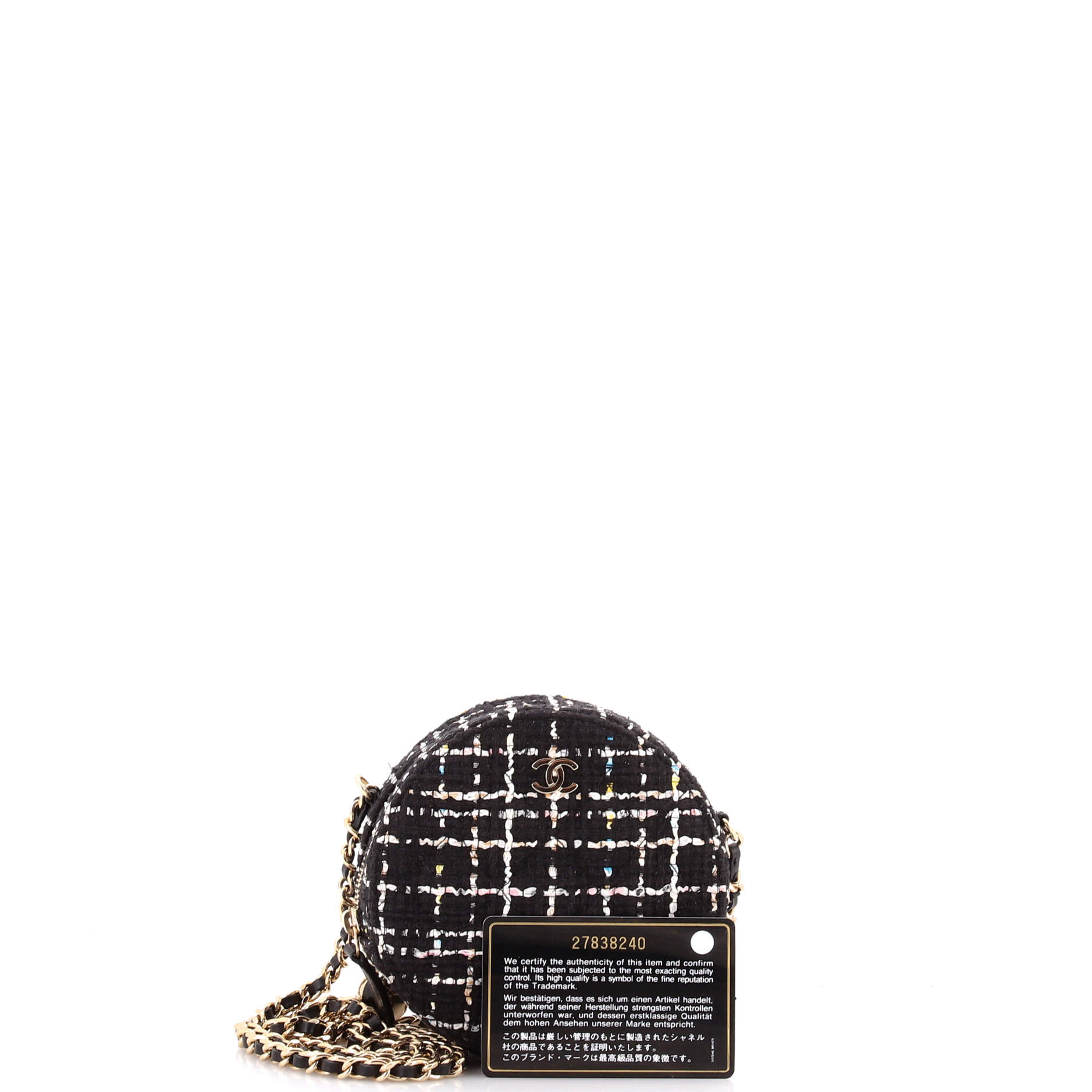 Charm Round Clutch with Chain Quilted Tweed